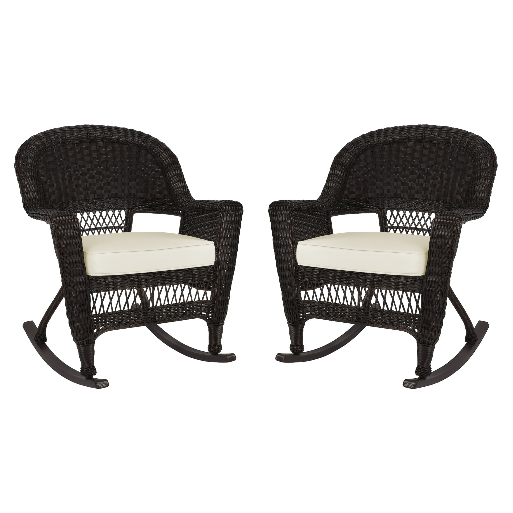 Espresso Rocker Wicker Chair with Ivory Cushion -  Set of 2