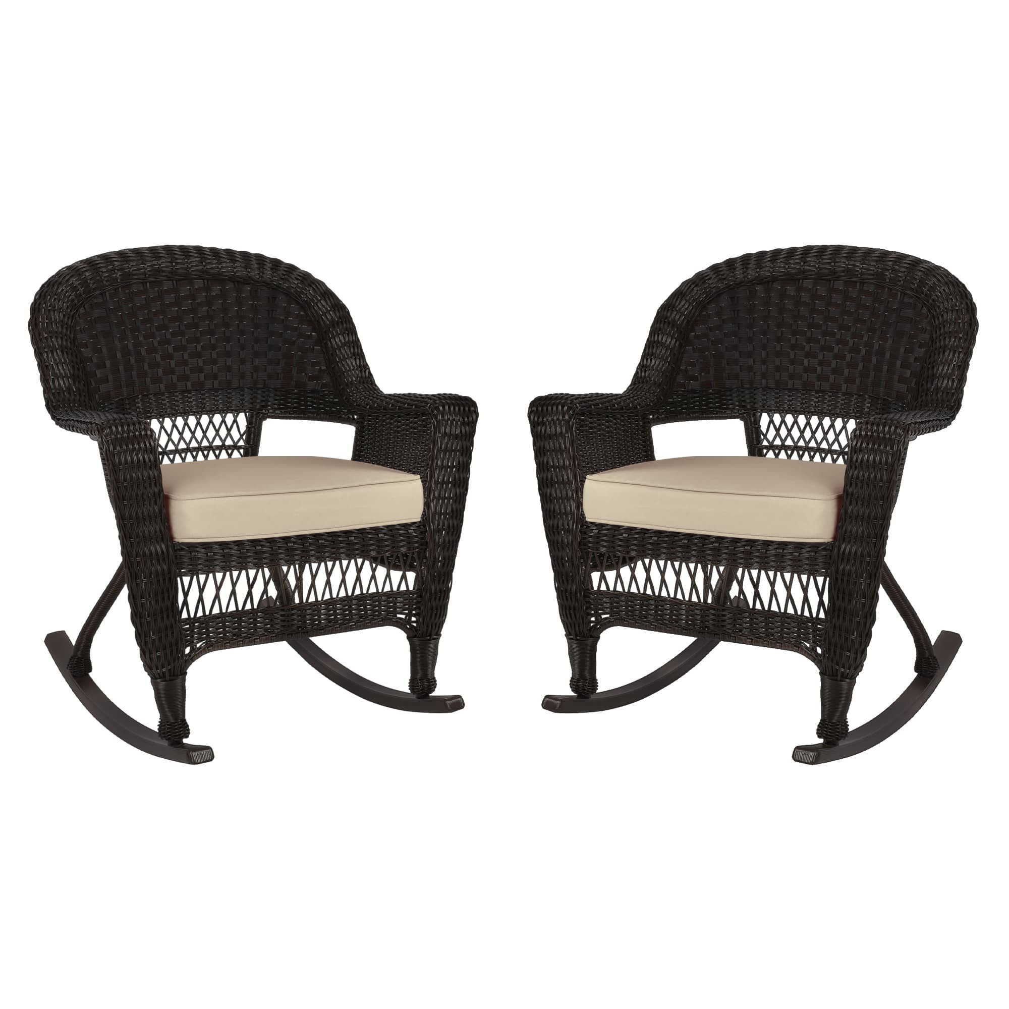 Espresso Rocker Wicker Chair with Tan Cushion -  Set of 2