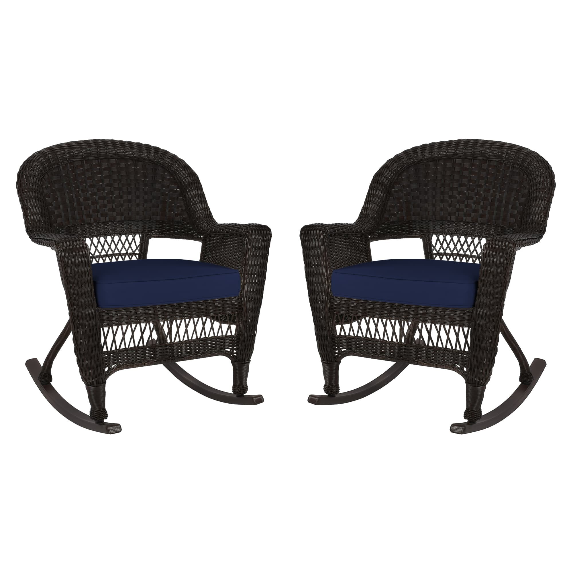 Espresso Rocker Wicker Chair with Midnight Blue Cushion -  Set of 2