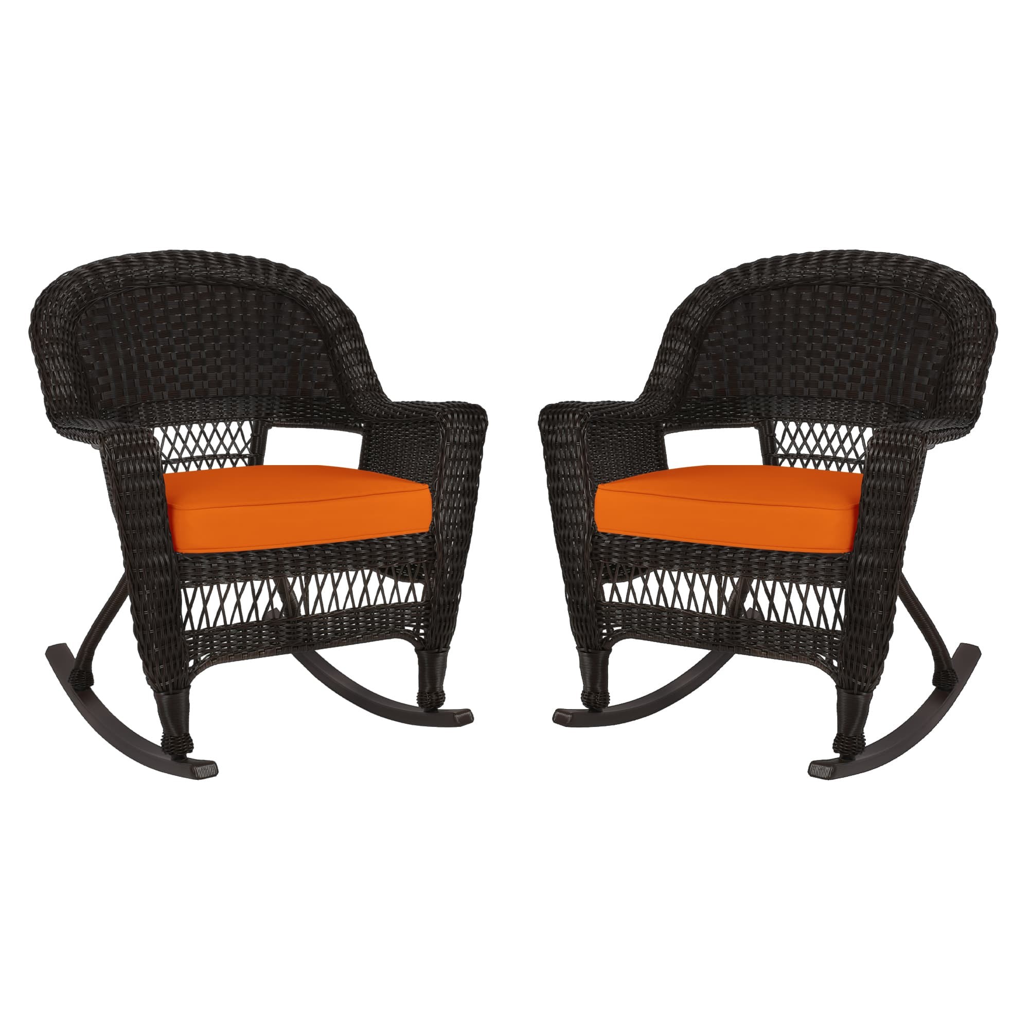 Espresso Rocker Wicker Chair with Orange Cushion -  Set of 2