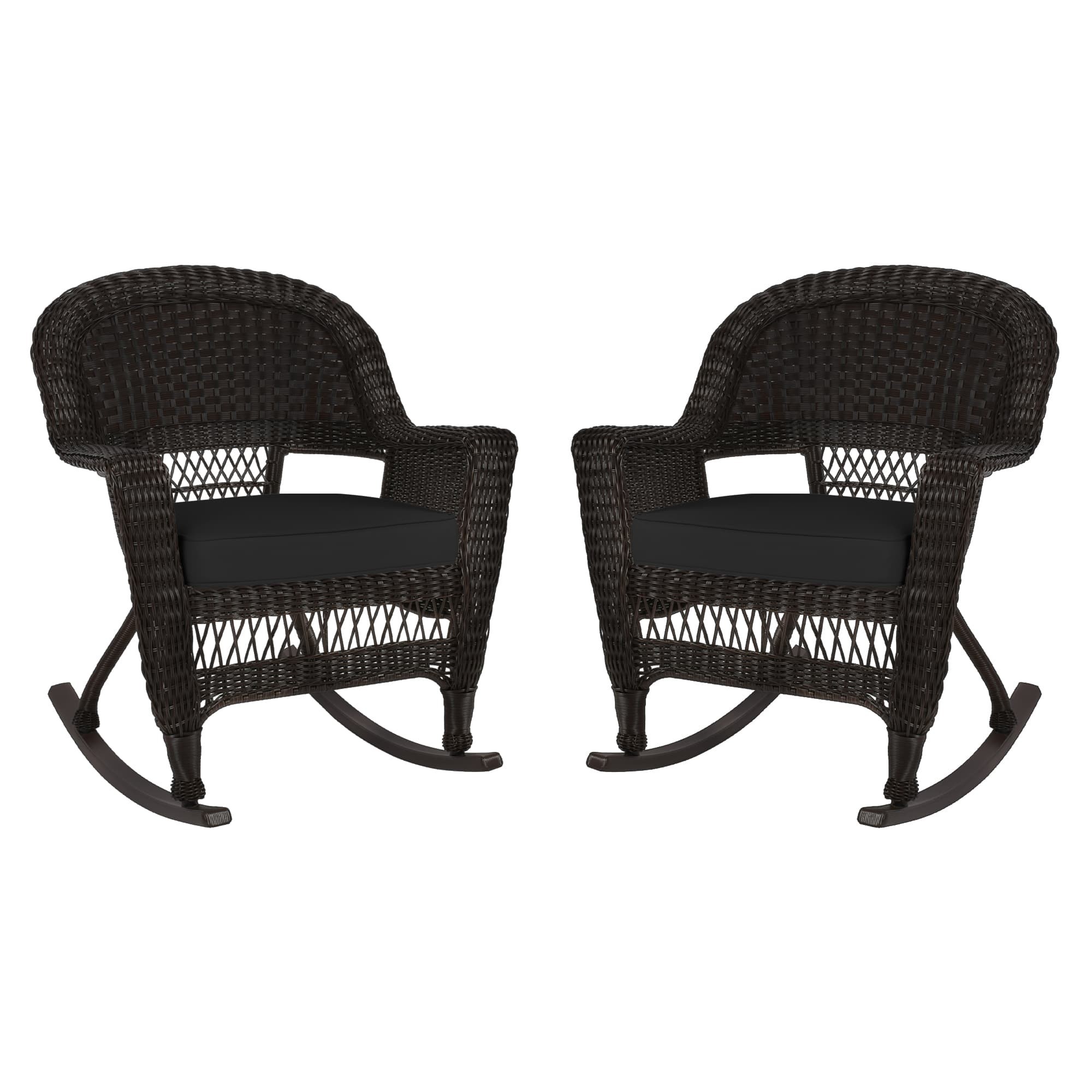 Espresso Rocker Wicker Chair with Black Cushion -  Set of 2