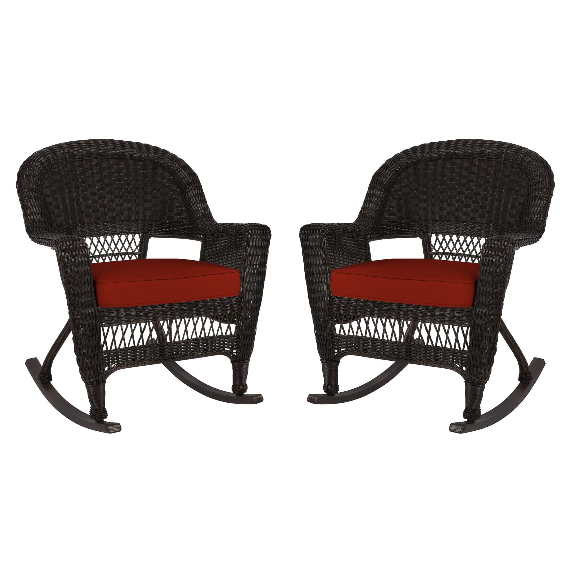 Espresso Rocker Wicker Chair with Brick Red Cushion -  Set of 2