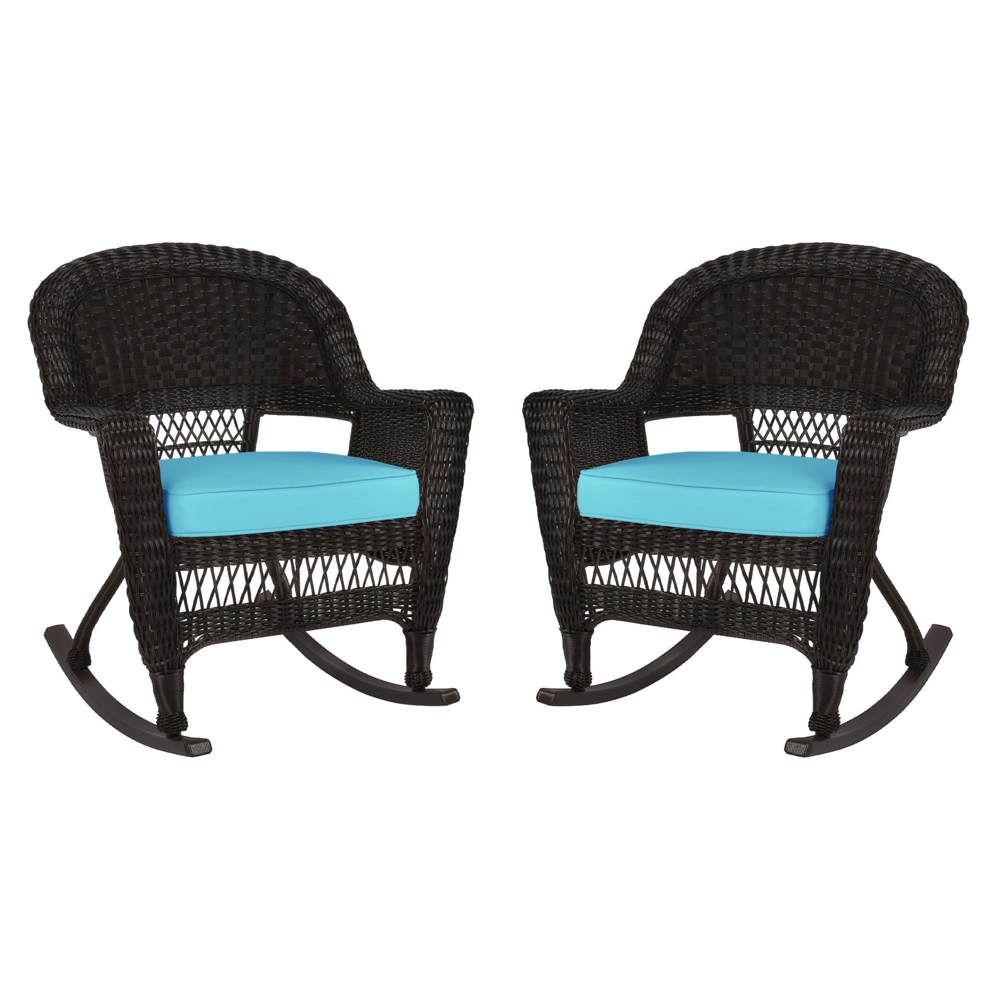 Espresso Rocker Wicker Chair with Sky Blue Cushion -  Set of 2