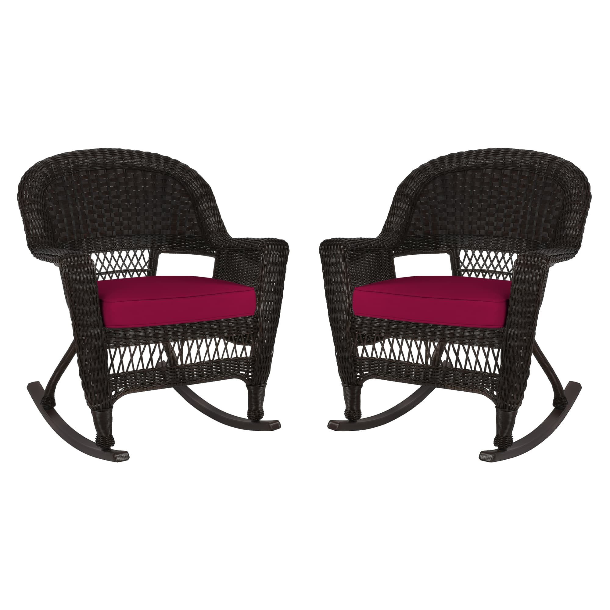 Espresso Rocker Wicker Chair with Red Cushion -  Set of 2