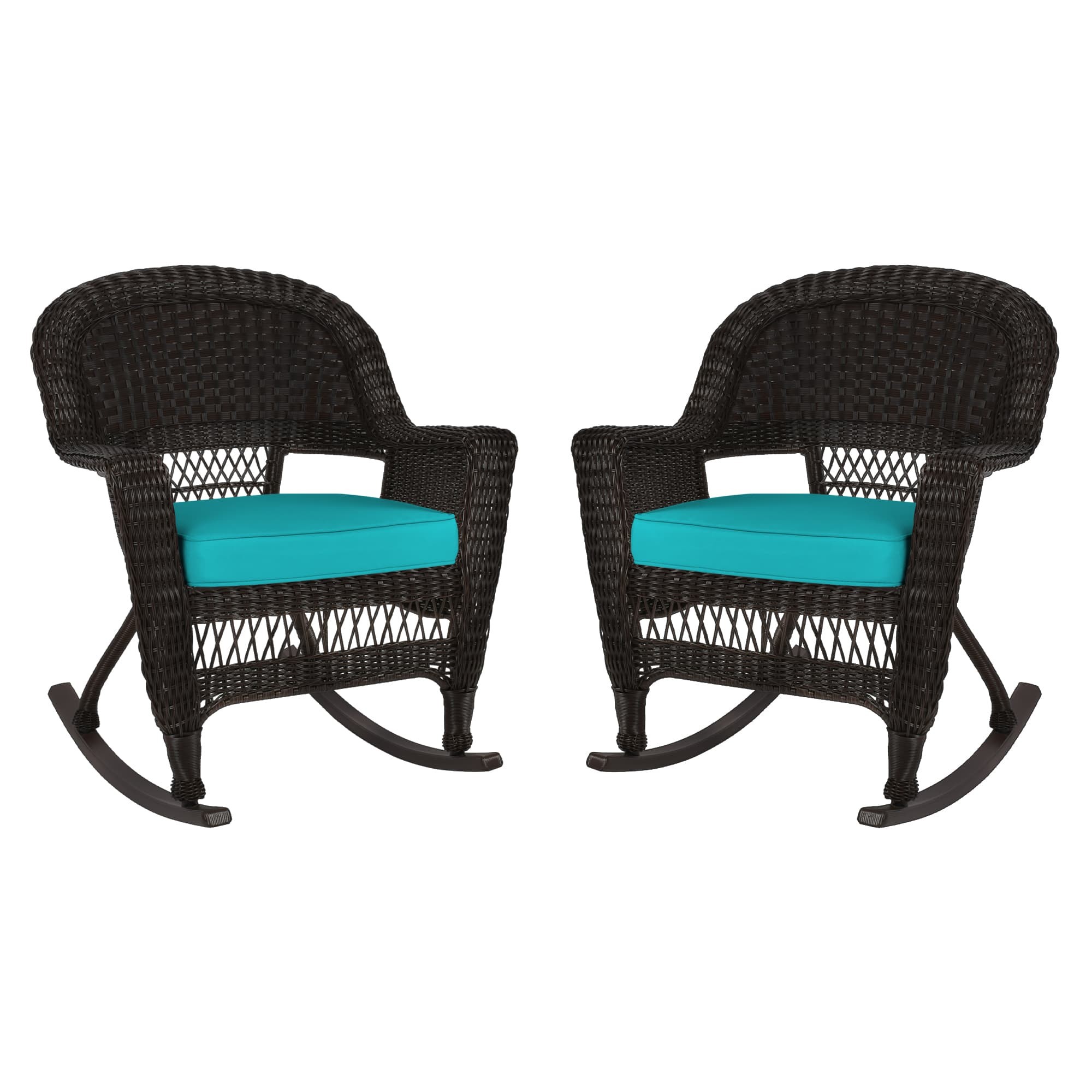 Espresso Rocker Wicker Chair with Turquoise Cushion -  Set of 2