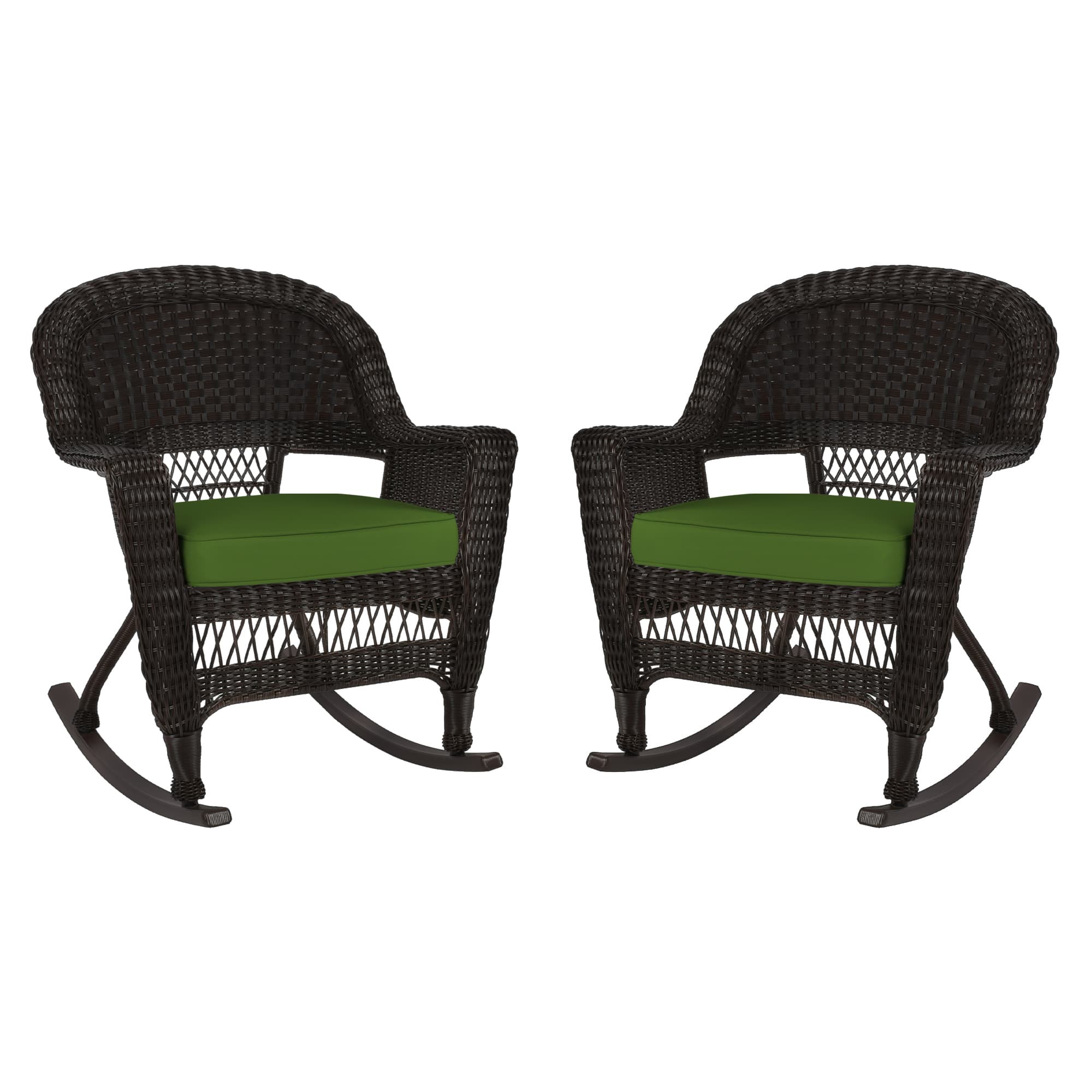 Espresso Rocker Wicker Chair with Hunter Green Cushion -  Set of 2