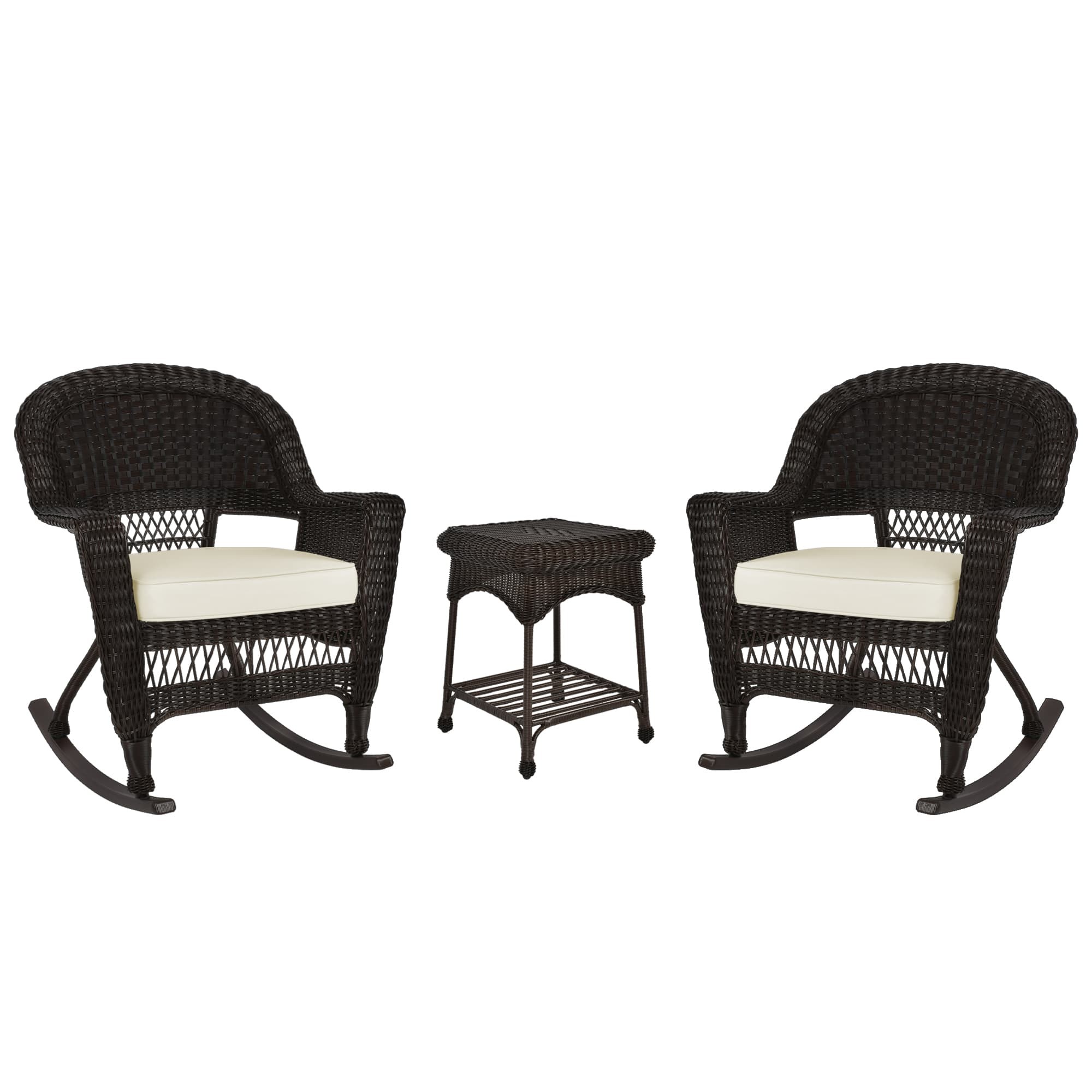 3pc Espresso Rocker Wicker Chair Set With Ivory Cushion