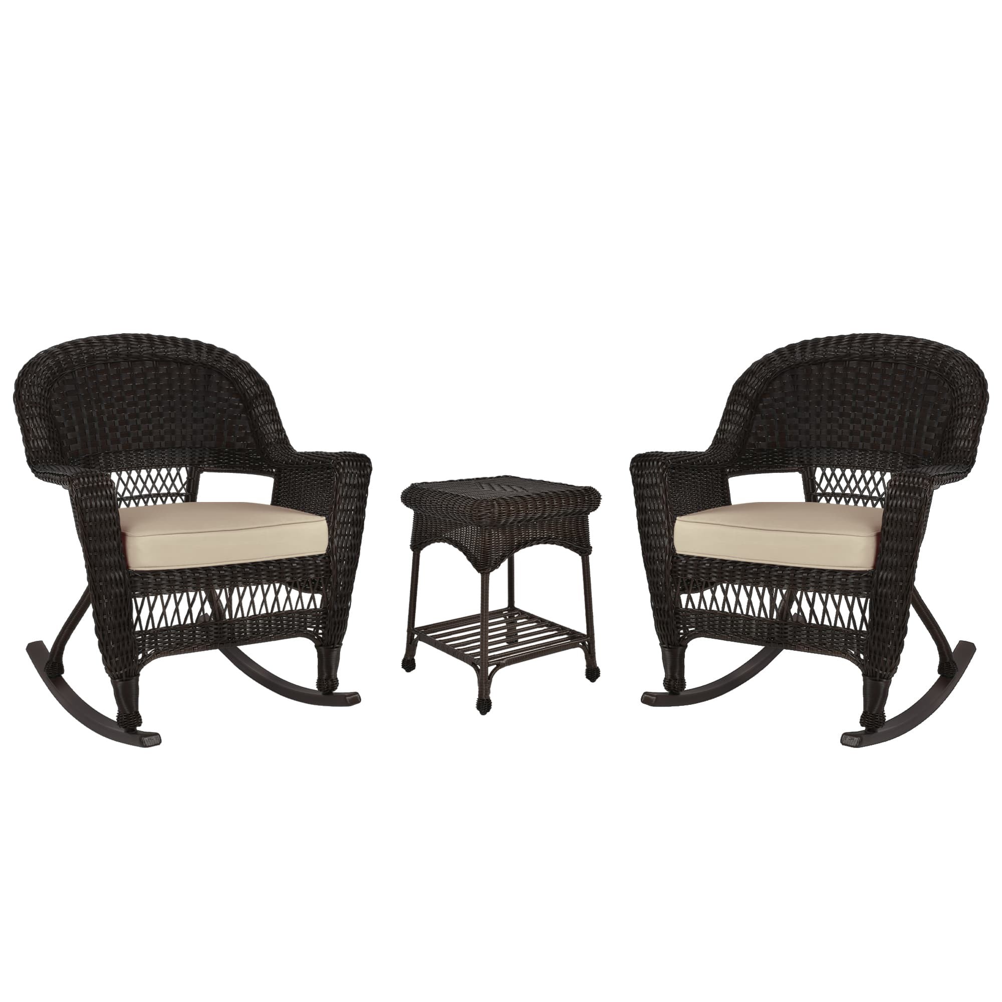 3pc Espresso Rocker Wicker Chair Set With Tan Cushion