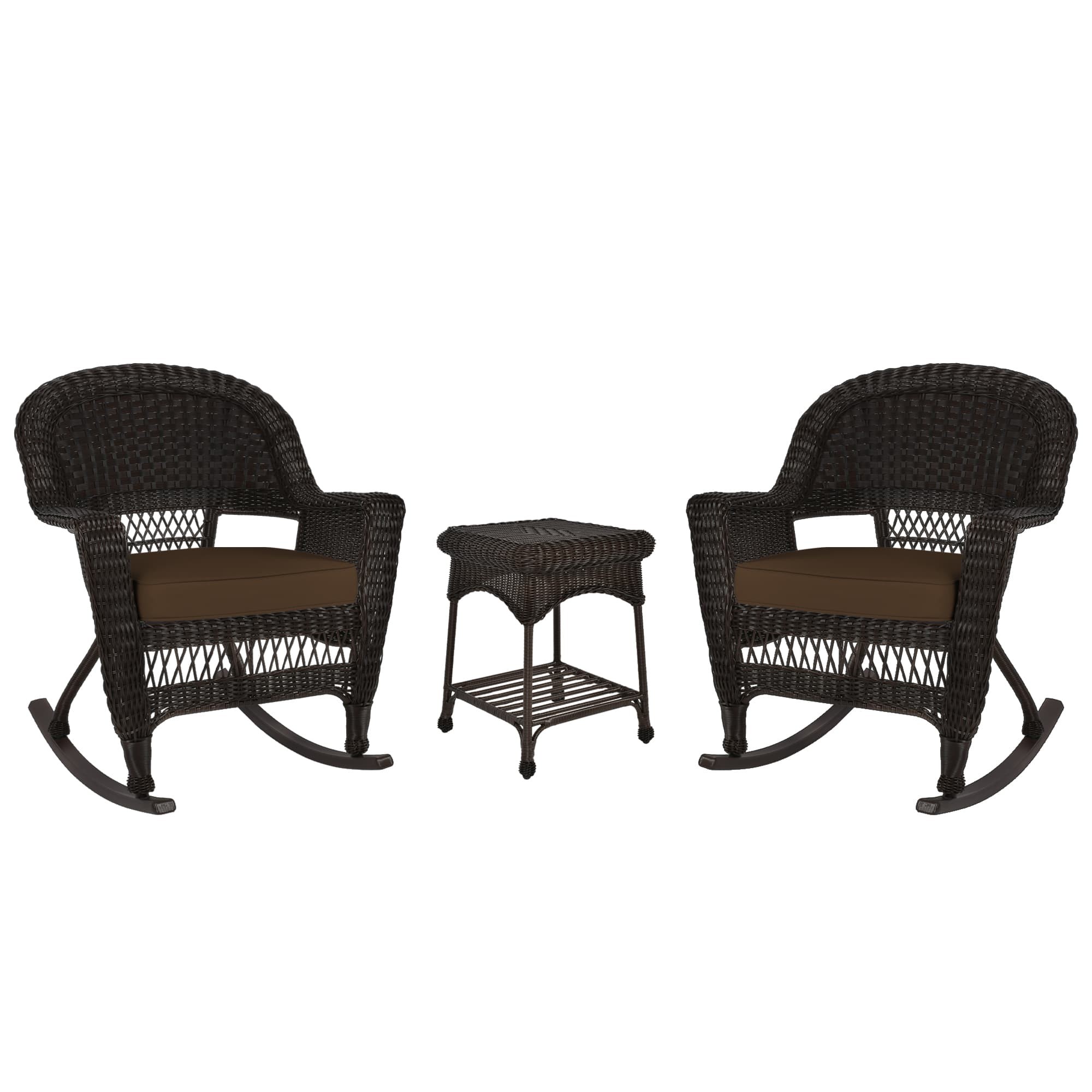 3pc Espresso Rocker Wicker Chair Set With Brown Cushion
