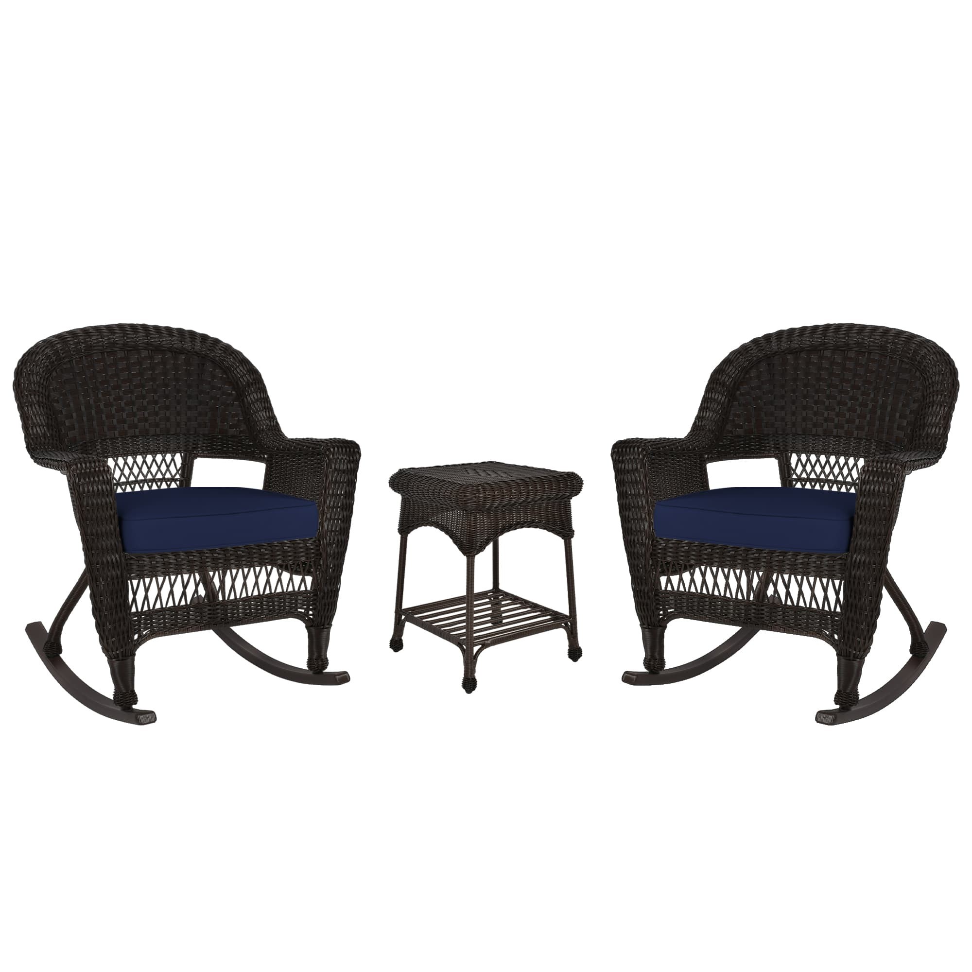 3pc Espresso Rocker Wicker Chair Set With Midnight Blue Cushion