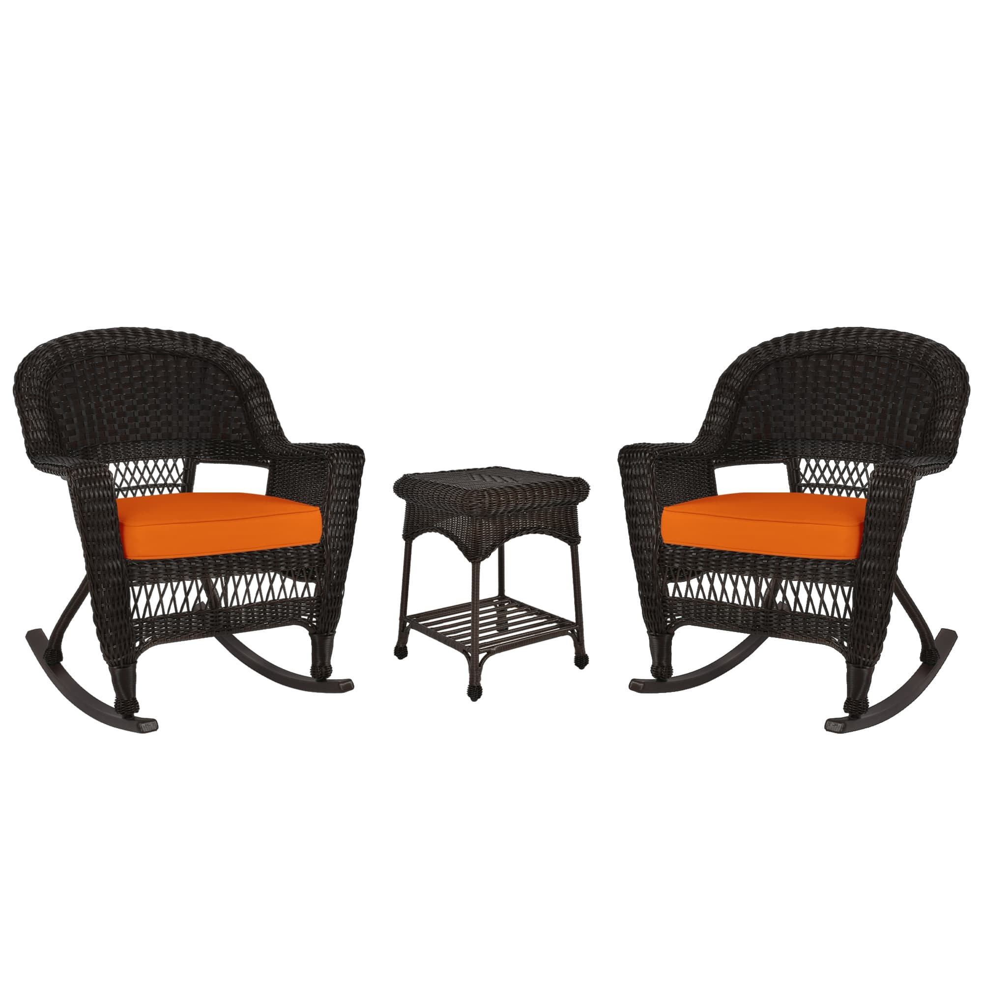 3pc Espresso Rocker Wicker Chair Set With Orange Cushion