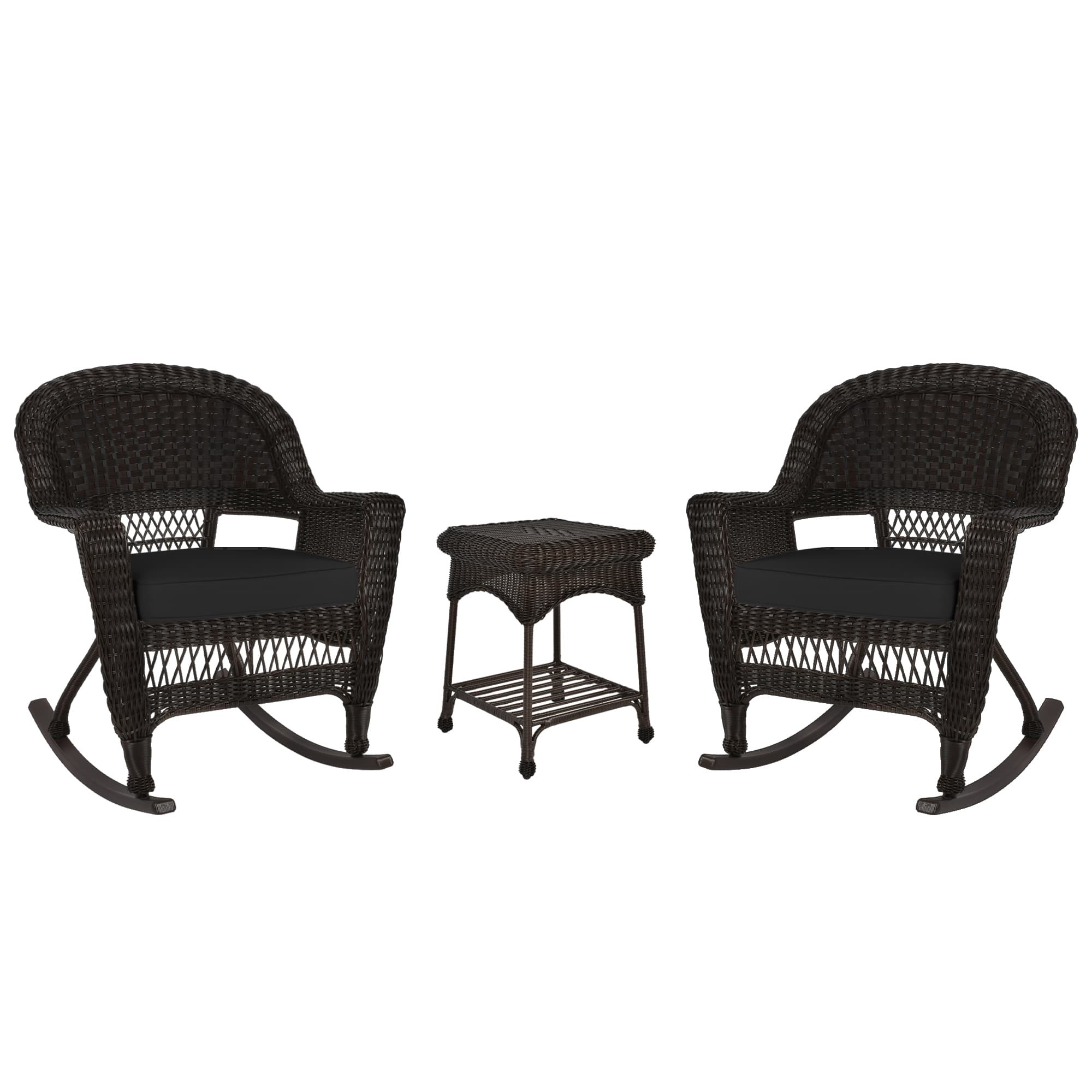 3pc Espresso Rocker Wicker Chair Set With Black Cushion