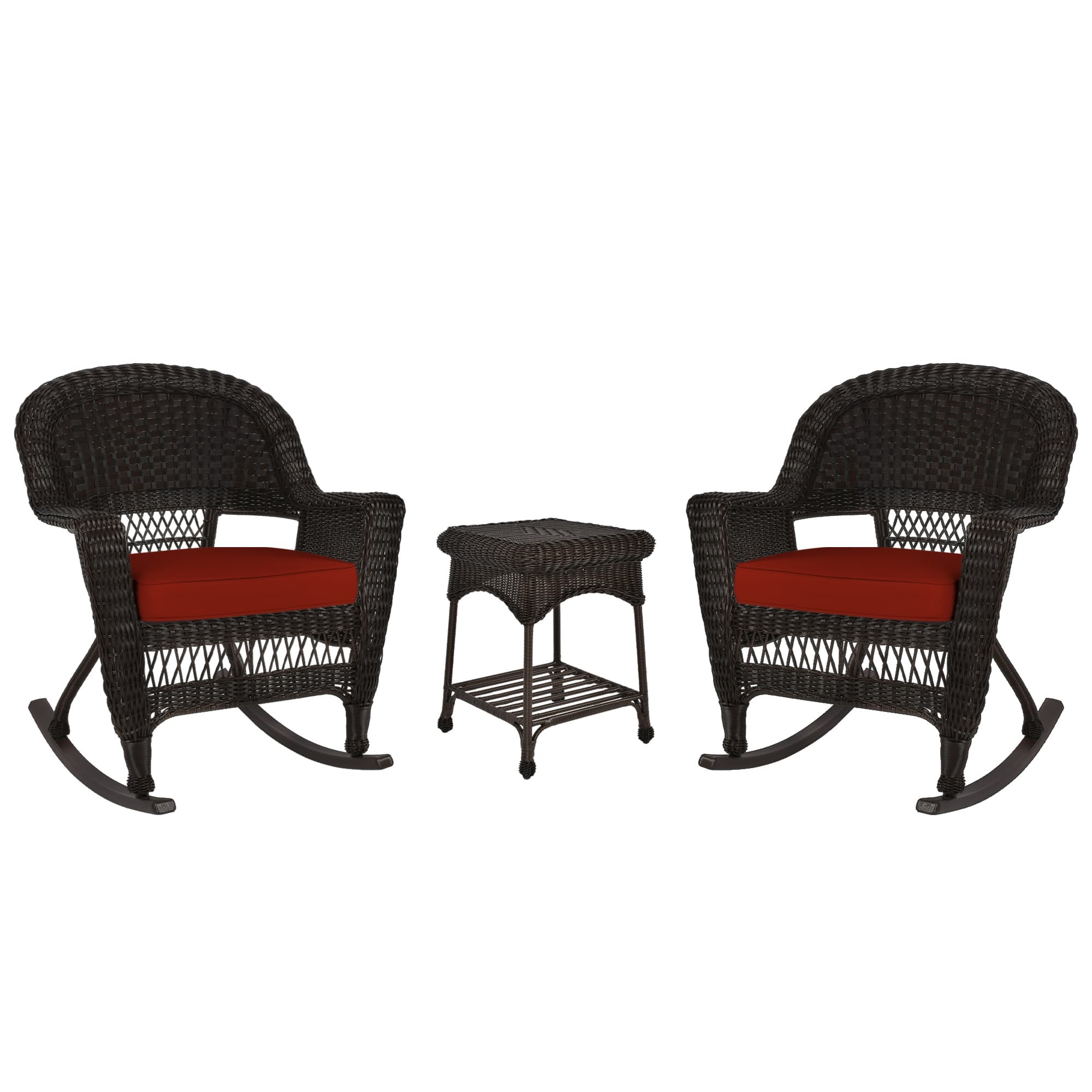 3pc Espresso Rocker Wicker Chair Set With Brick Red Cushion