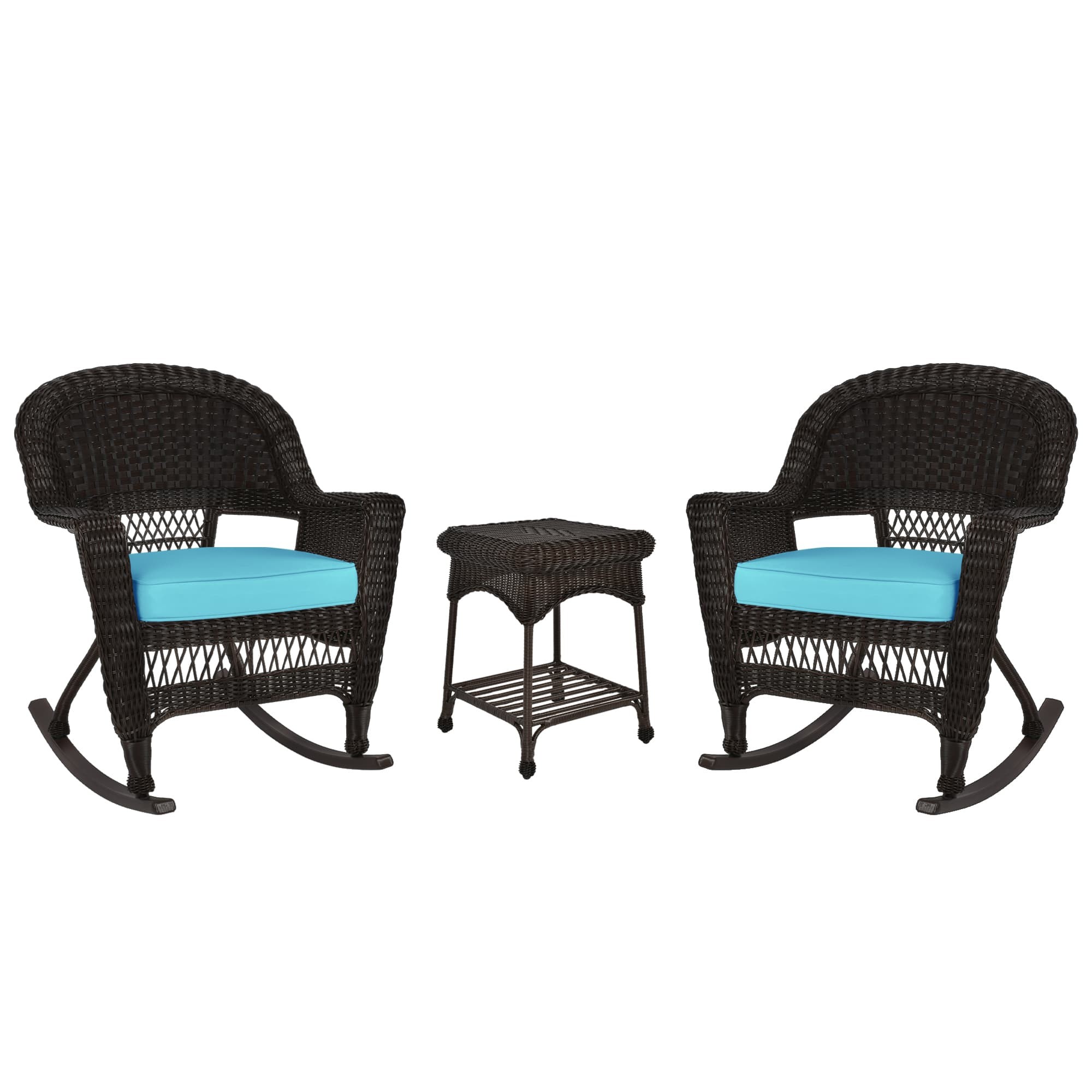 3pc Espresso Rocker Wicker Chair Set With Sky Blue Cushion