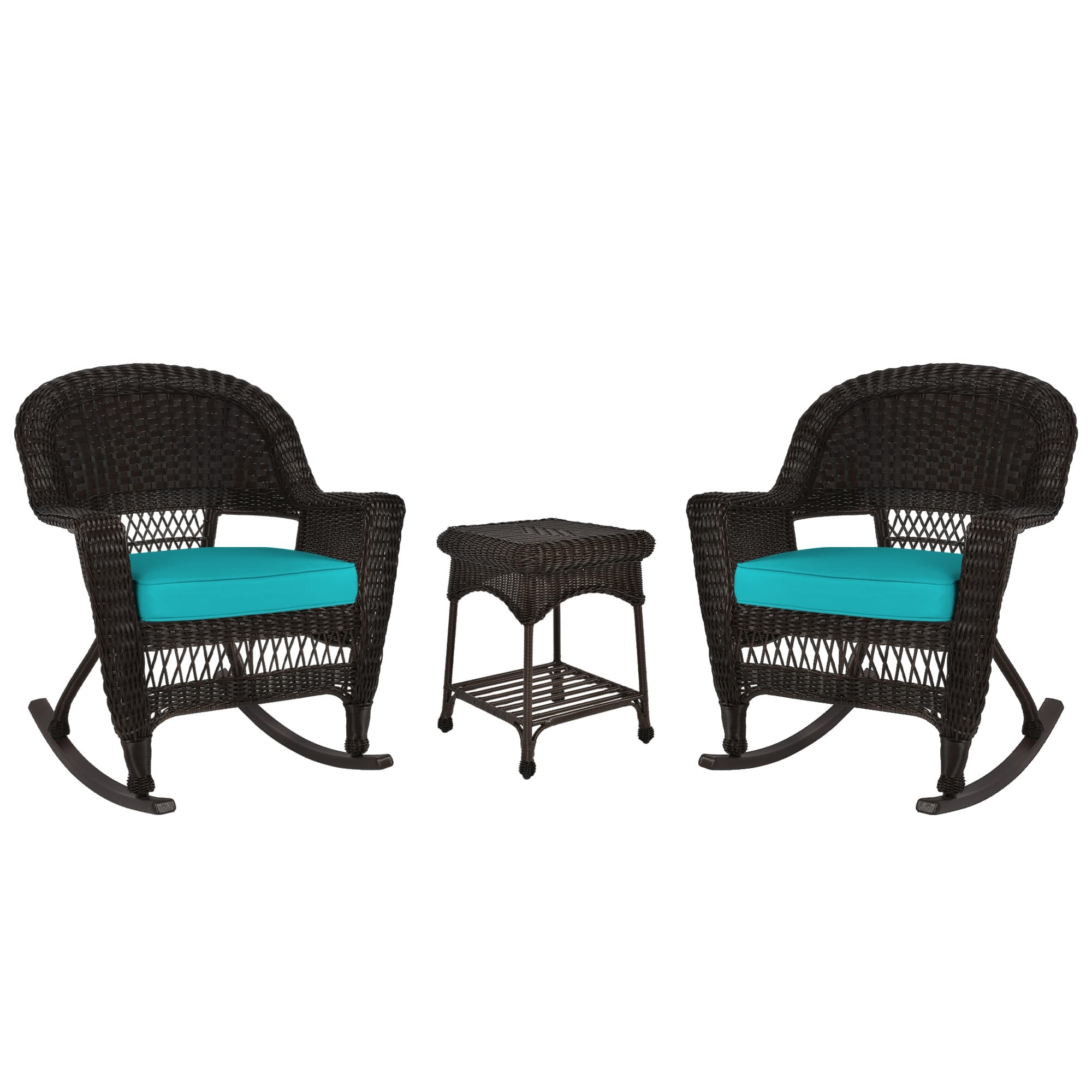 3pc Espresso Rocker Wicker Chair Set With Turquoise Cushion