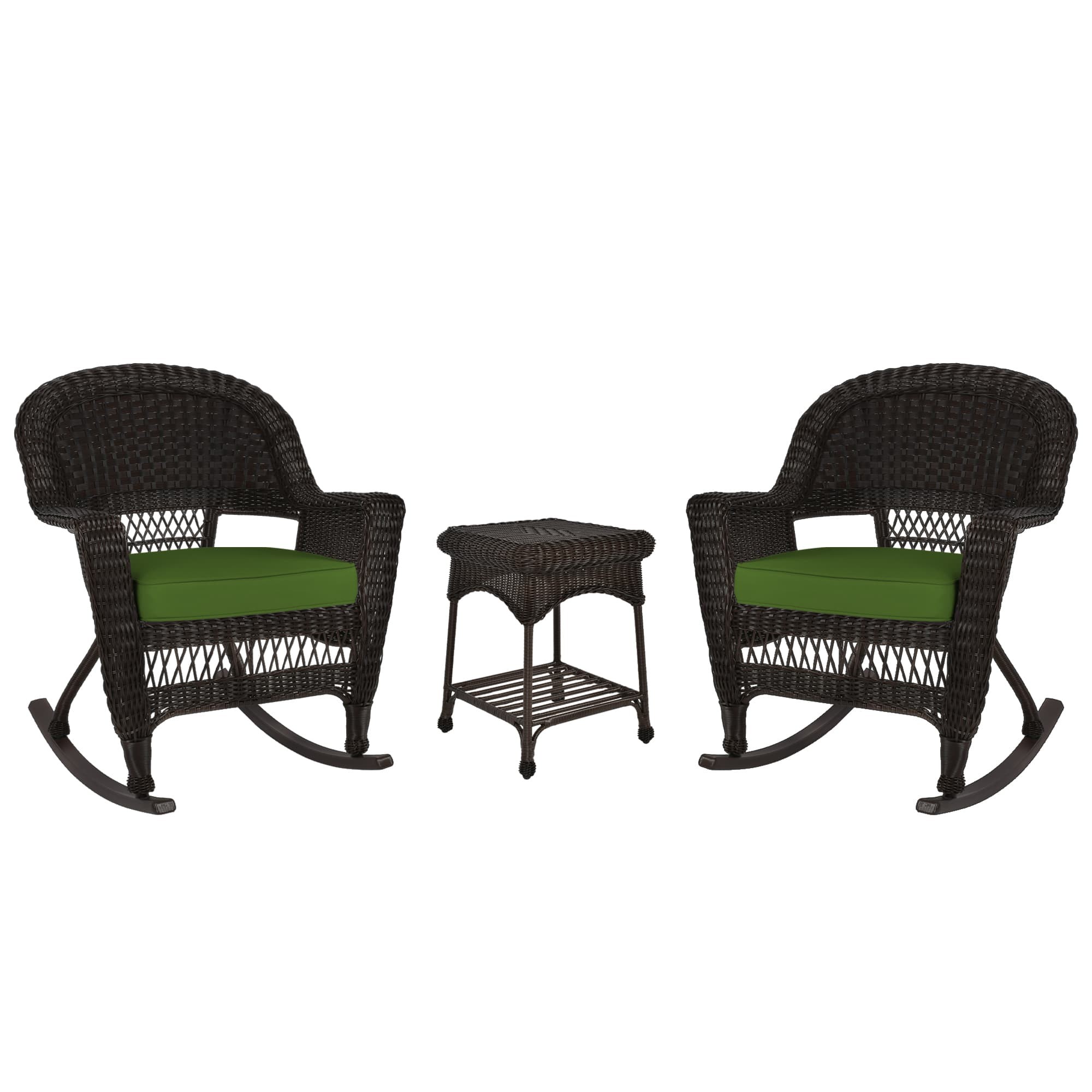 3pc Espresso Rocker Wicker Chair Set With Hunter Green Cushion