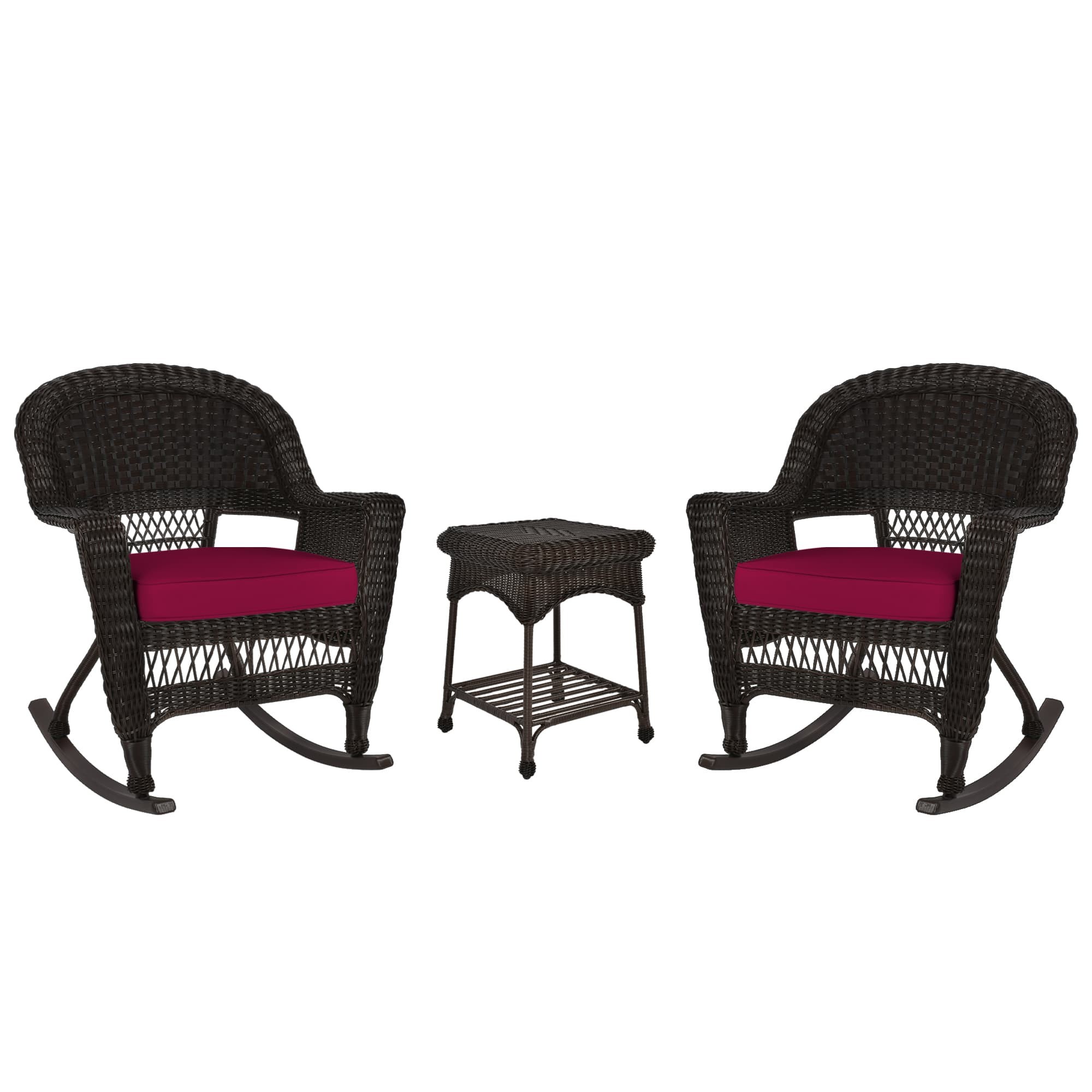3pc Espresso Rocker Wicker Chair Set With Red Cushion