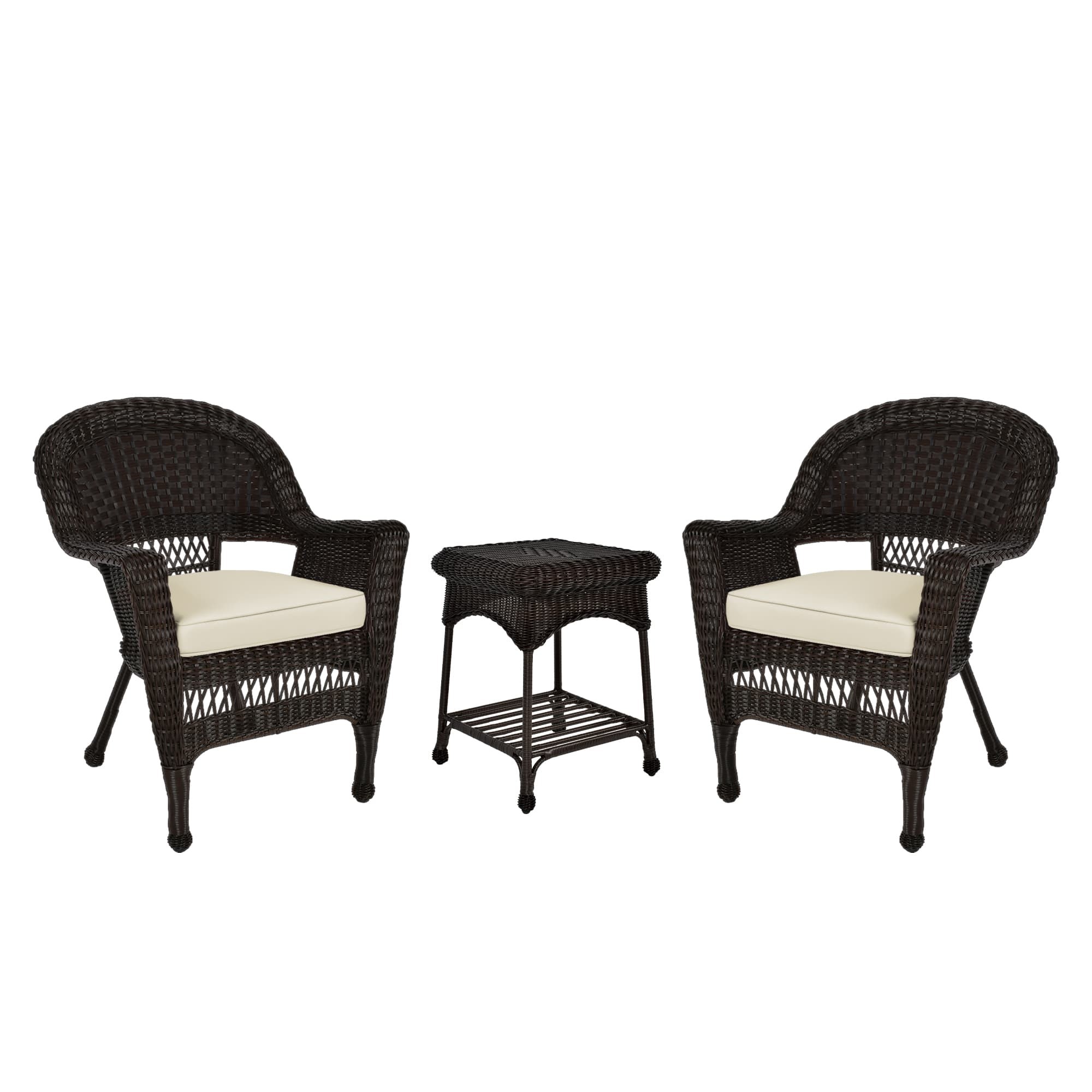 Espresso Wicker Chair And End Table Set With Ivory Chair Cushion