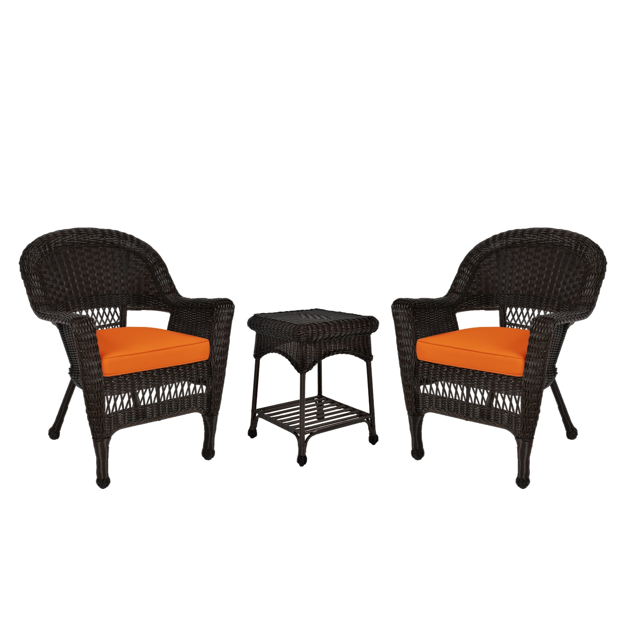 Espresso Wicker Chair And End Table Set With Orange Chair Cushion