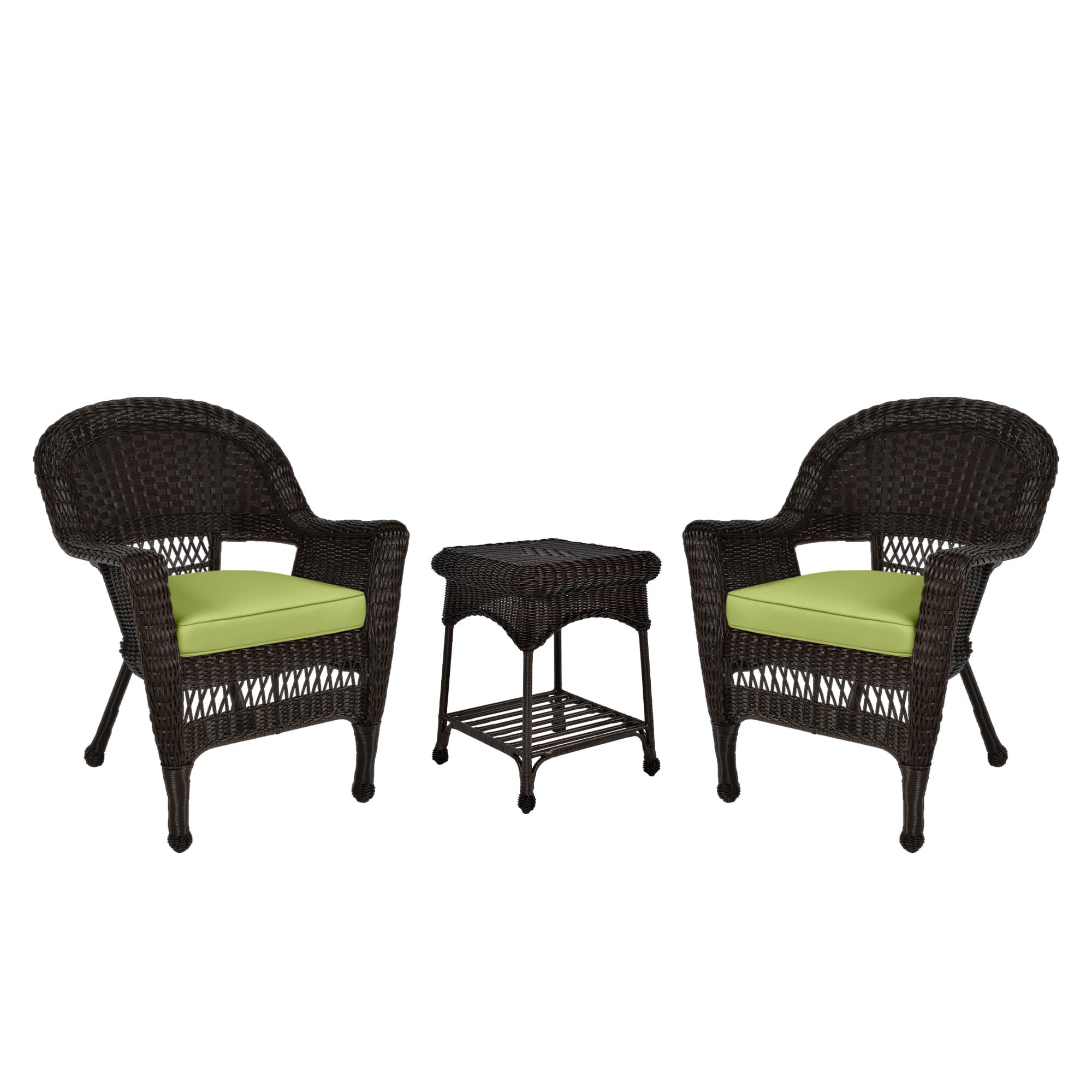 Espresso Wicker Chair And End Table Set With Sage Green Chair Cushion