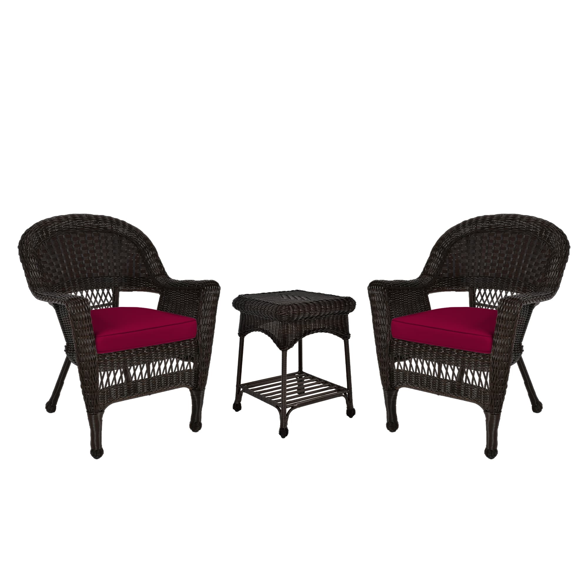 Espresso Wicker Chair And End Table Set With Red Chair Cushion