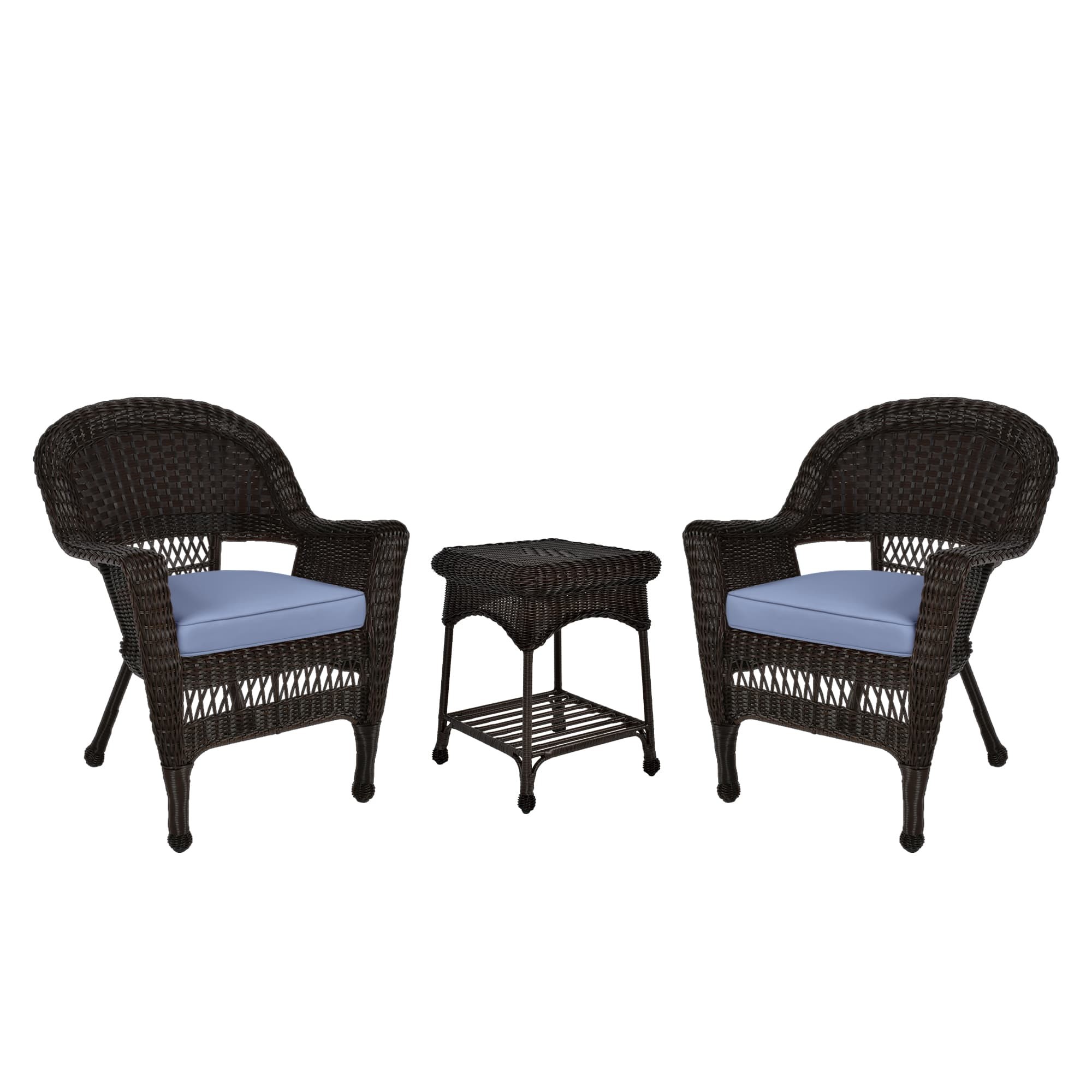 Espresso Wicker Chair And End Table Set With Steel Blue Chair Cushion