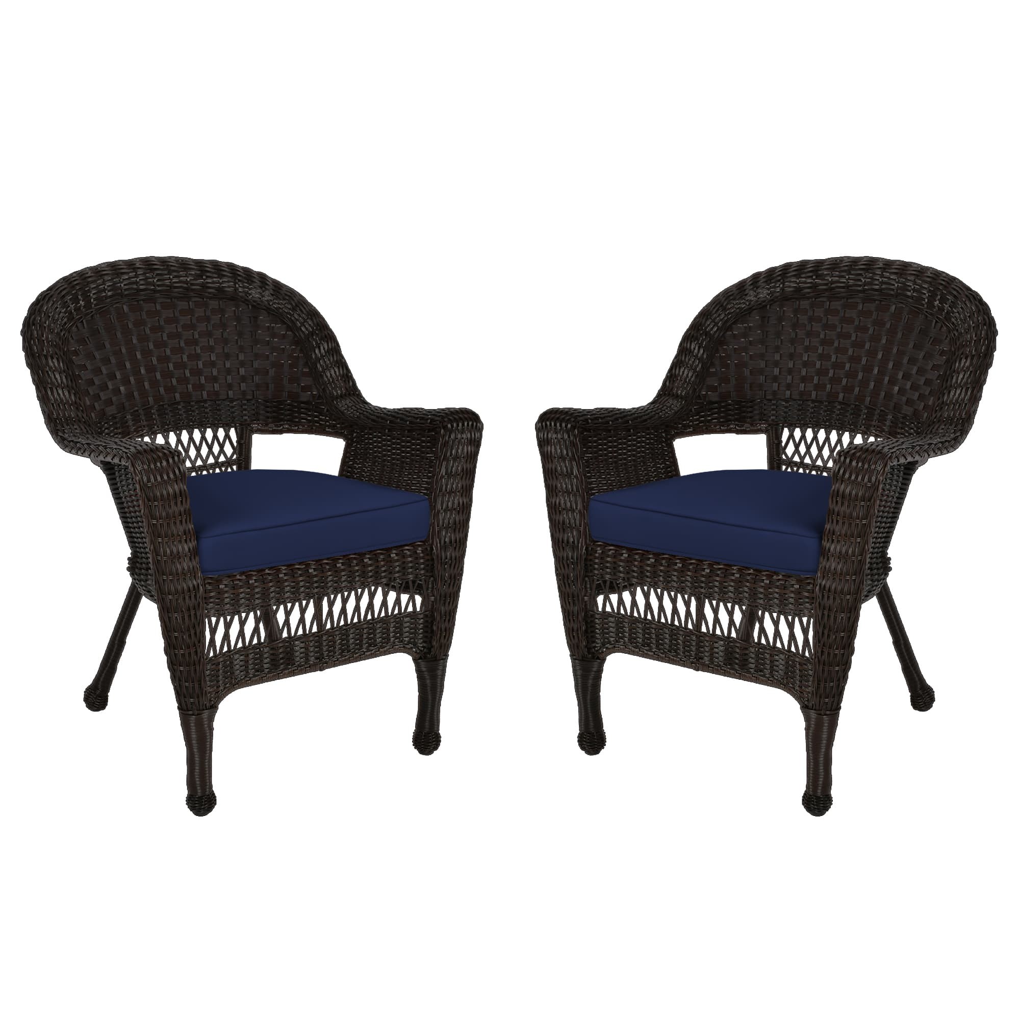 Espresso Wicker Chair With Midnight Blue Cushion - Set of 2