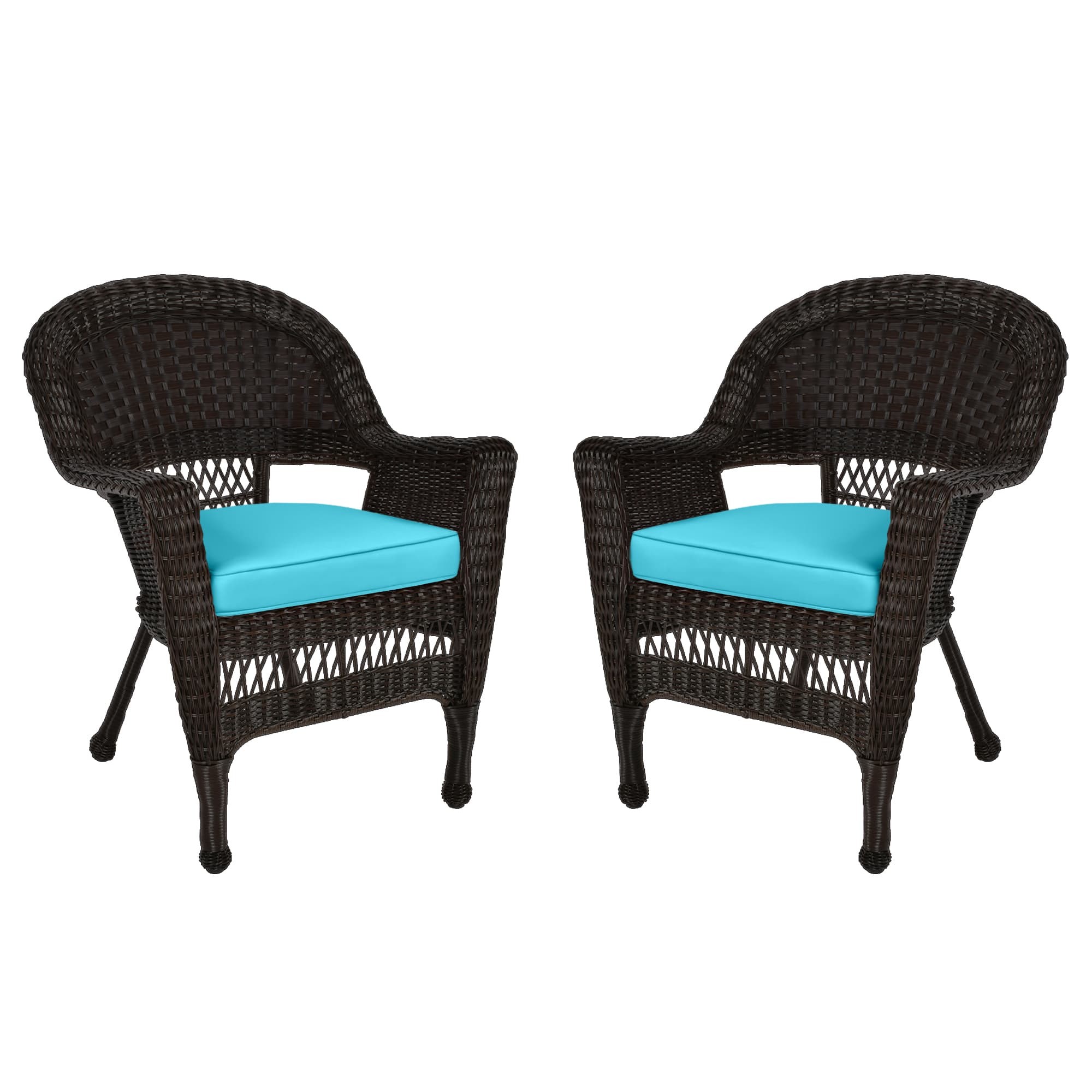 Espresso Wicker Chair With Sky Blue Cushion - Set of 2
