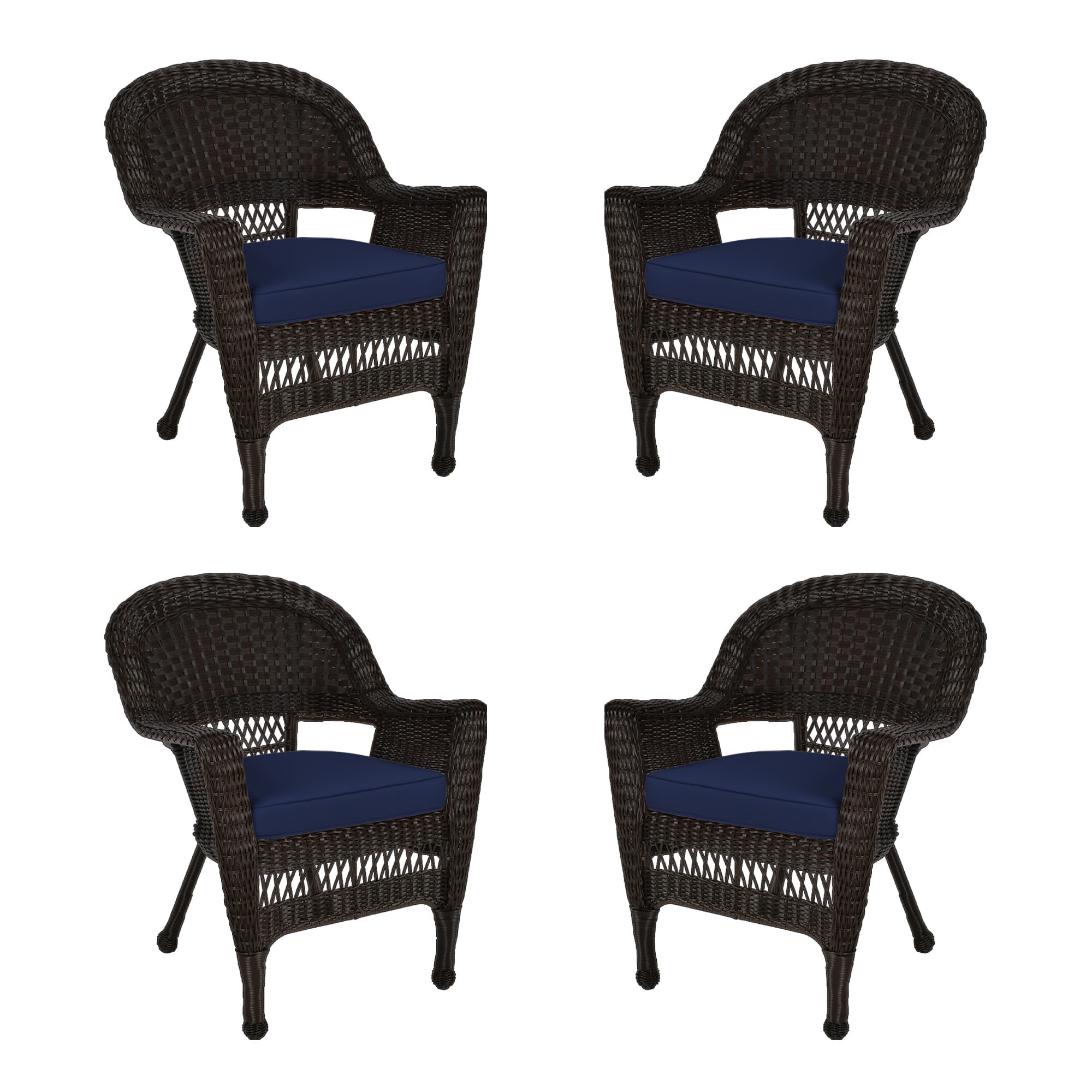 Espresso Wicker Chair With Midnight Blue Cushion - Set of 4