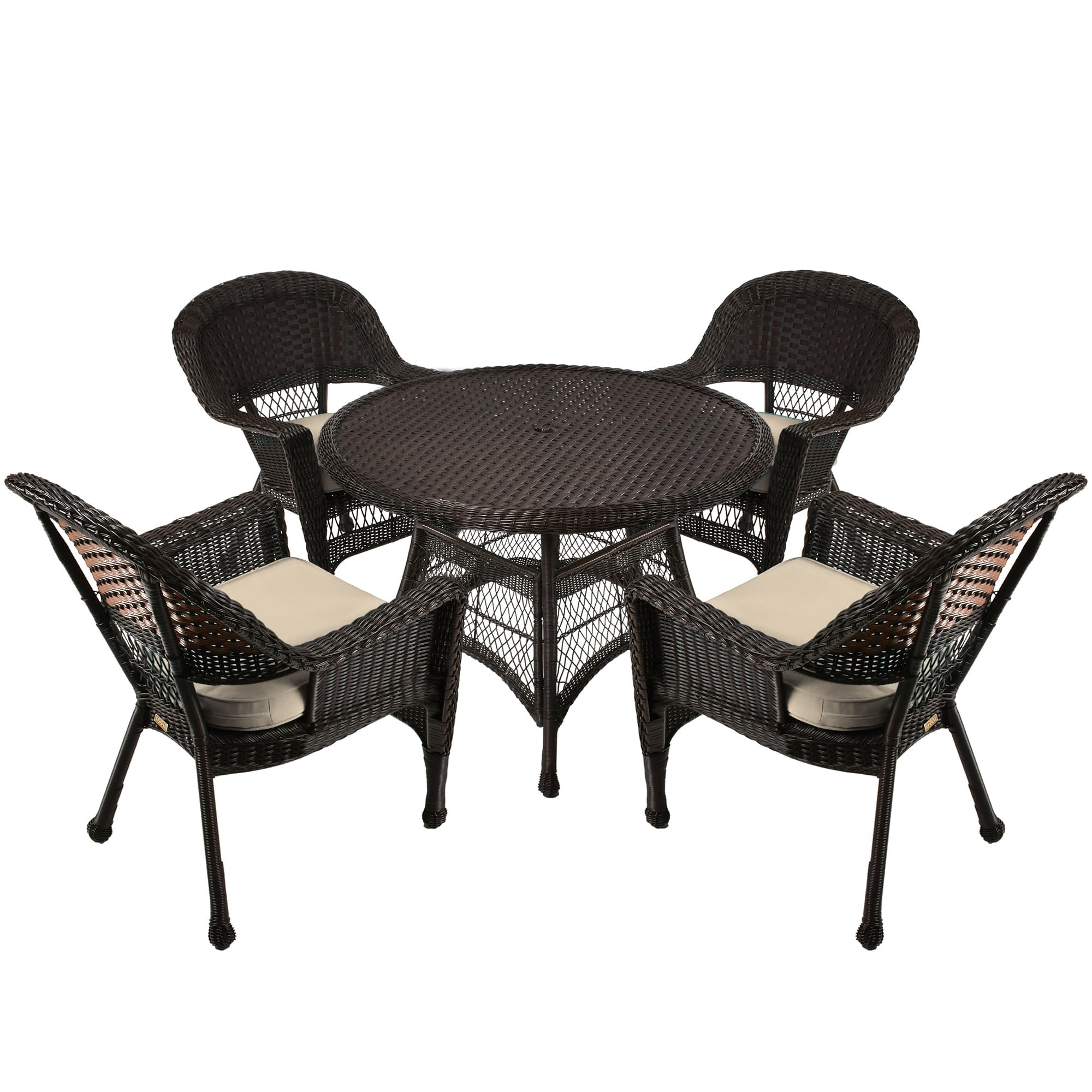 5pc Espresso Wicker Dining Set - Tan Cushions