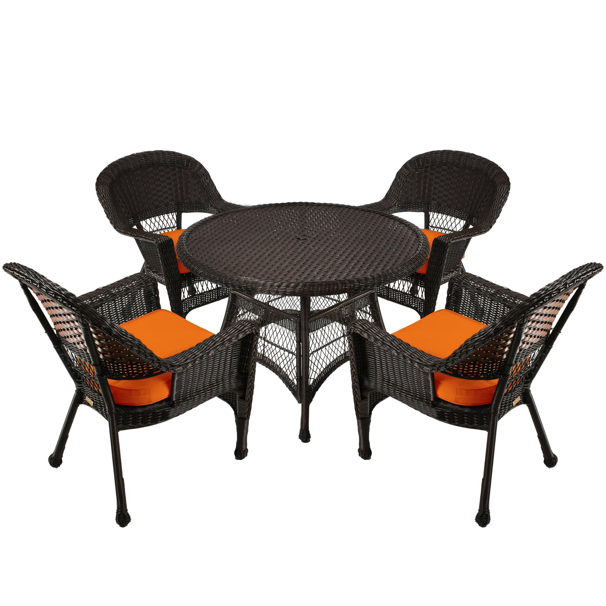 5pc Espresso Wicker Dining Set - Orange Cushions