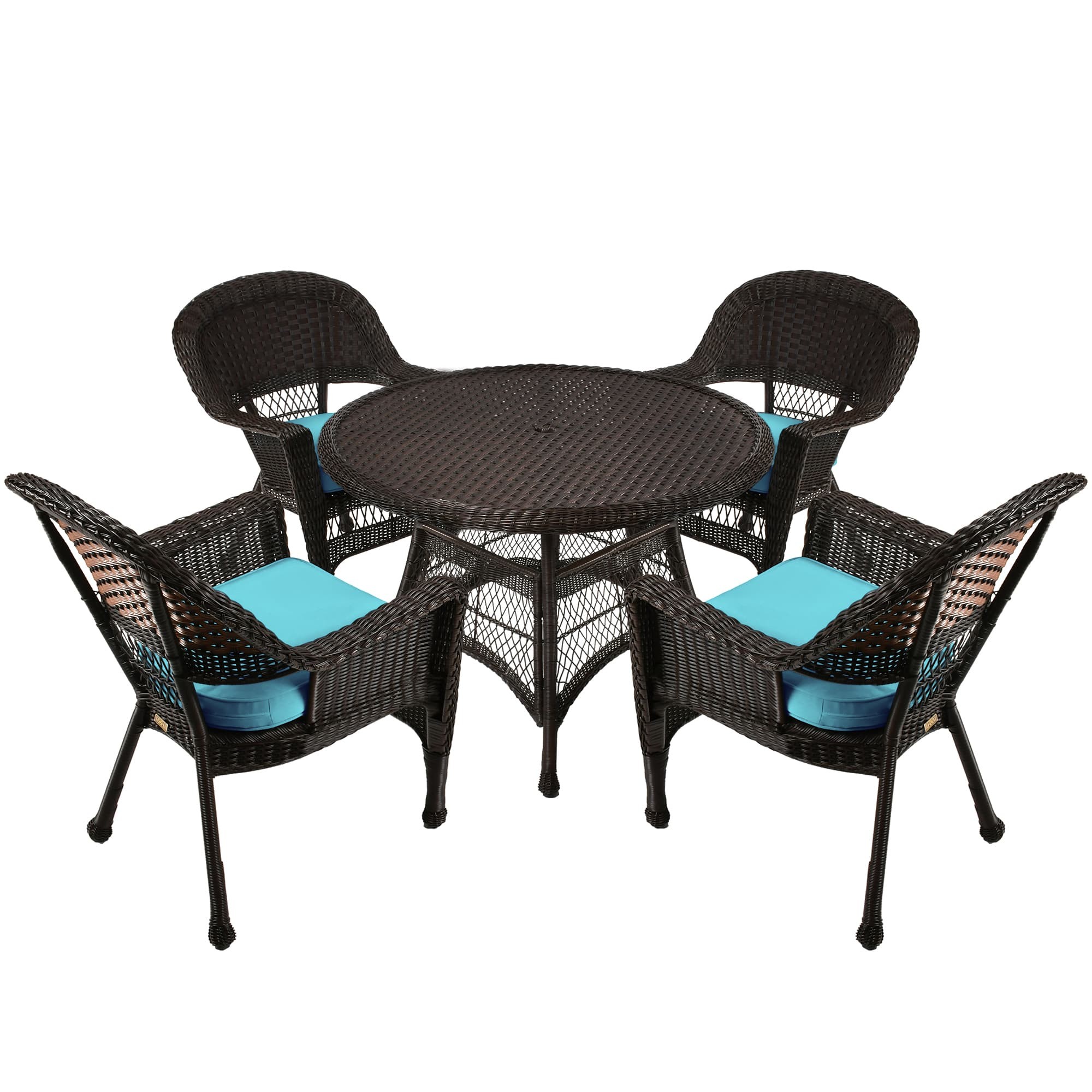 5pc Espresso Wicker Dining Set - Sky Blue Cushions