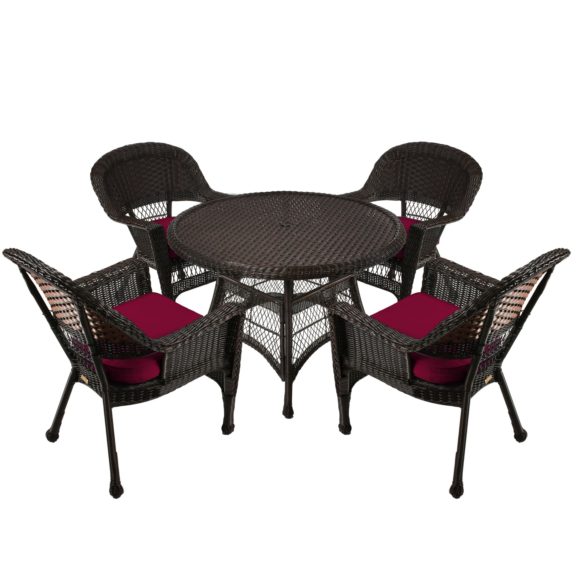 5pc Espresso Wicker Dining Set - Red Cushions