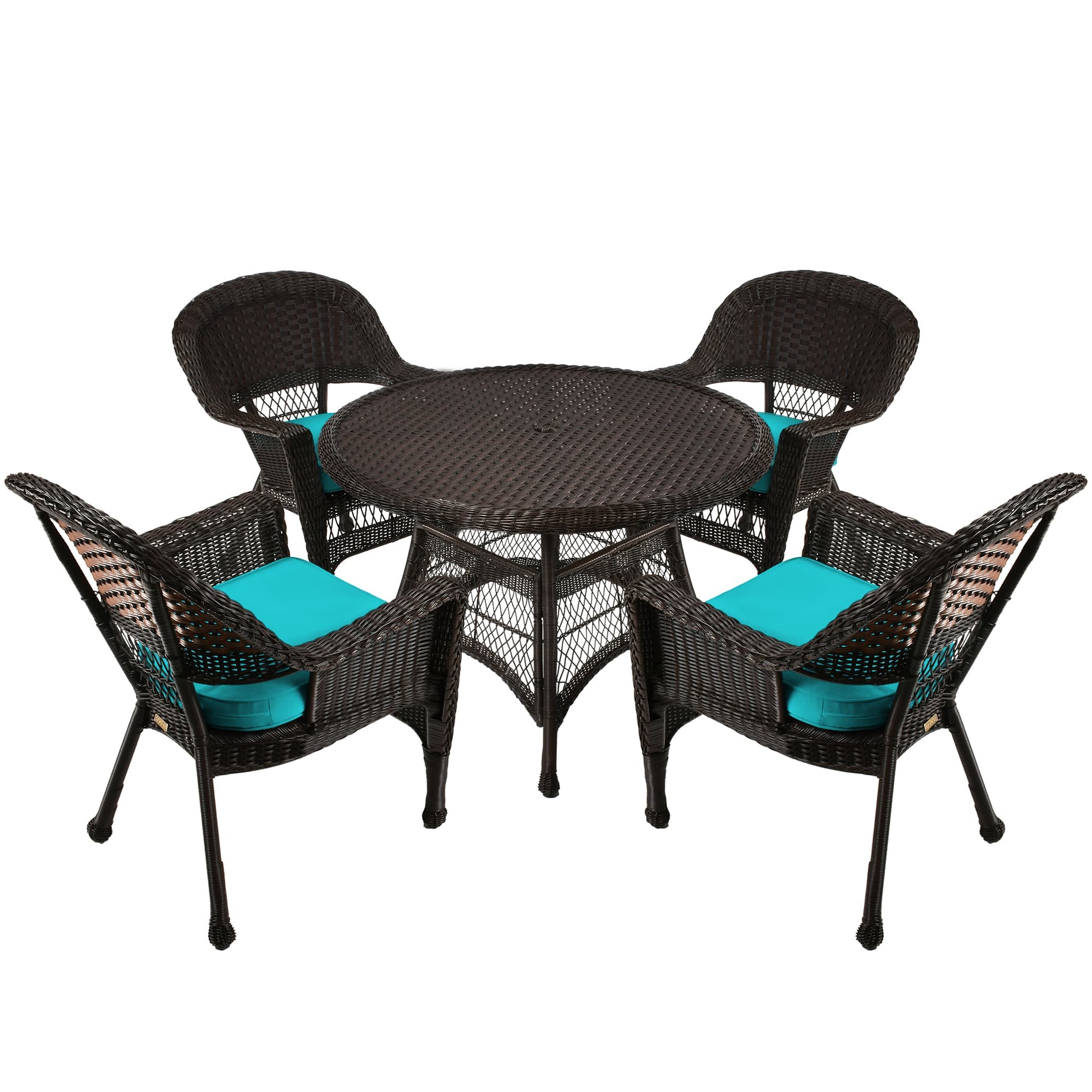 5pc Espresso Wicker Dining Set - Turquoise Cushions