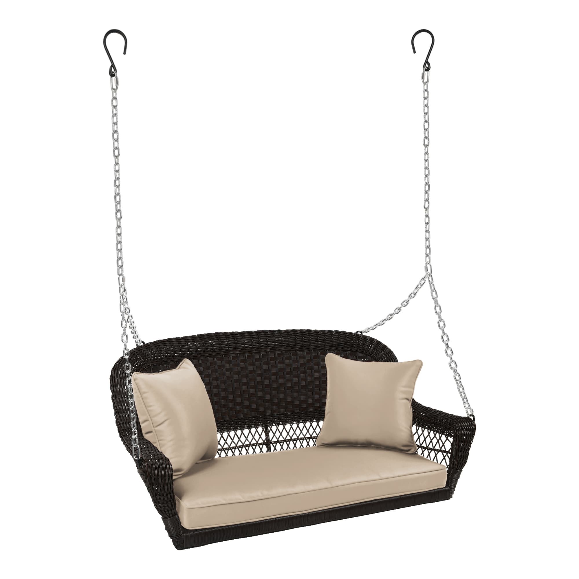 Espresso Resin Wicker Porch Swing with Tan Cushion