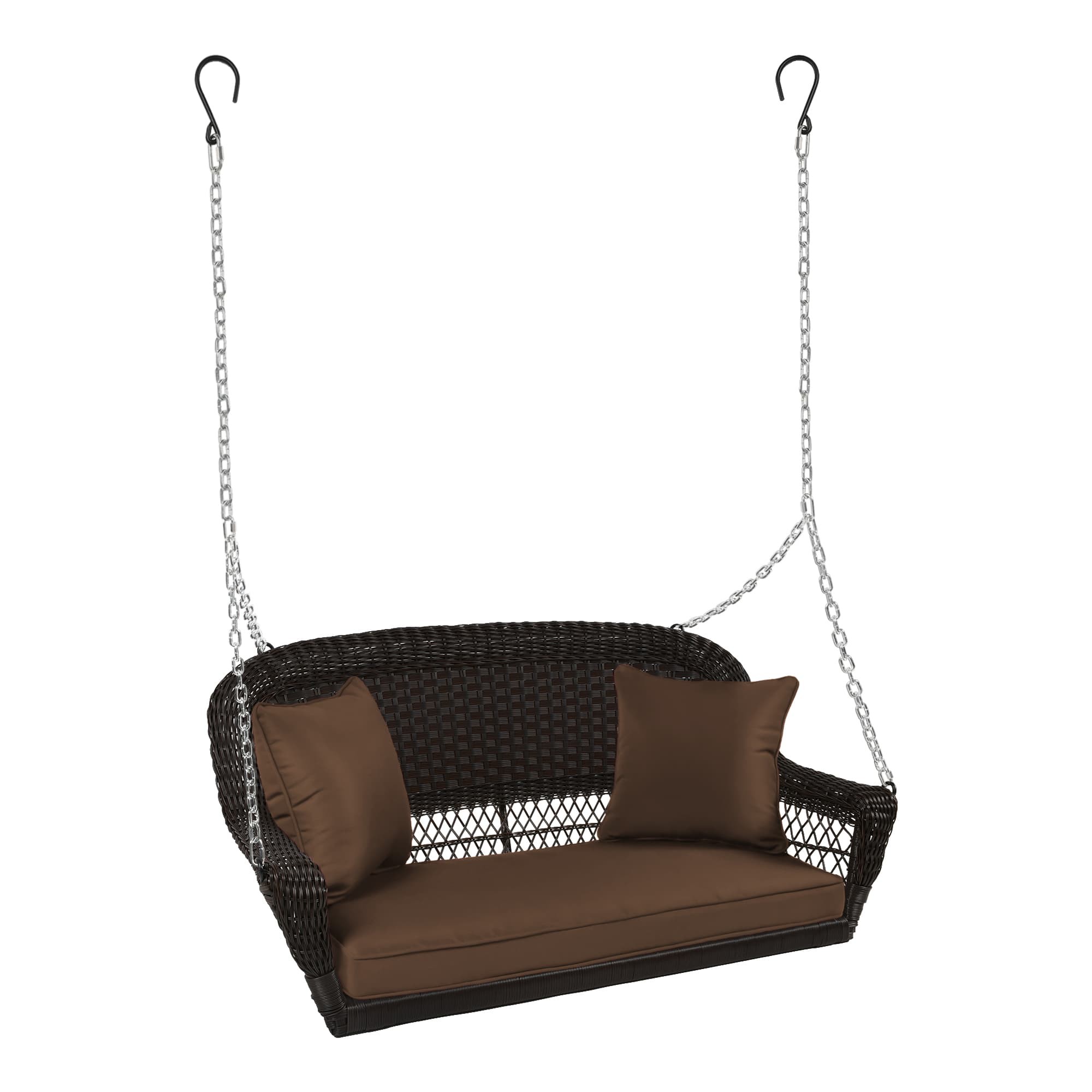 Espresso Resin Wicker Porch Swing with Brown Cushion