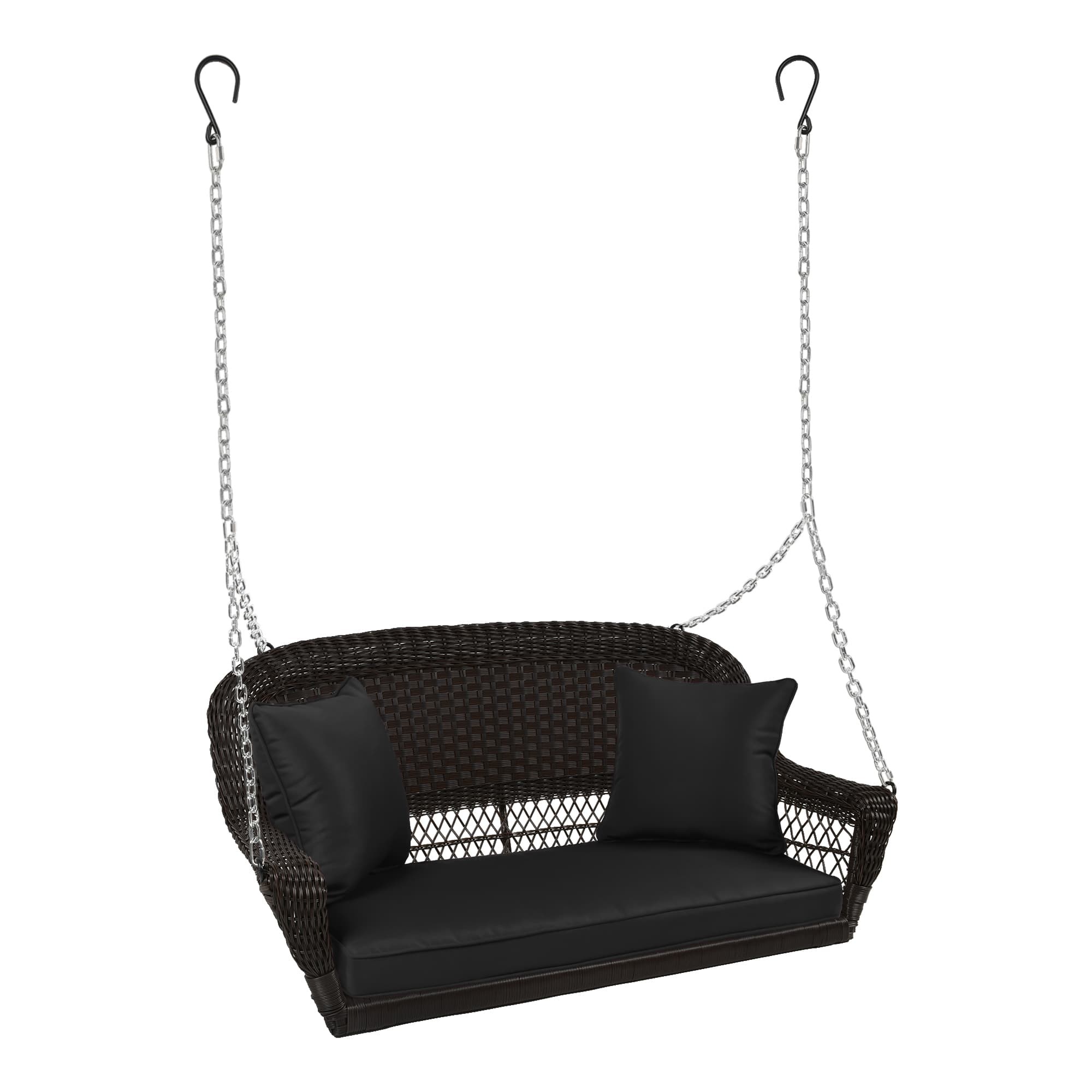 Espresso Resin Wicker Porch Swing with Black Cushion