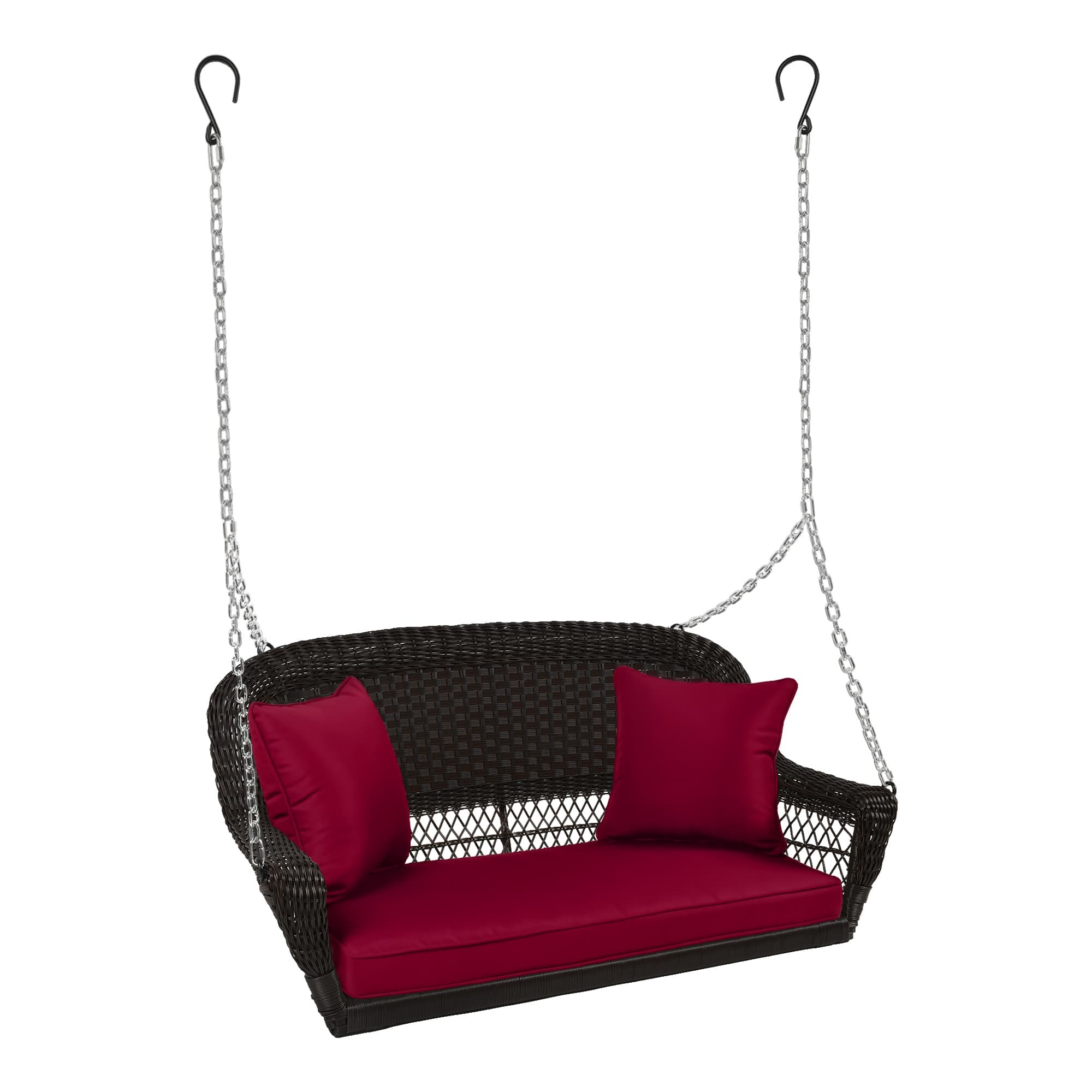 Espresso Resin Wicker Porch Swing with Red Cushion