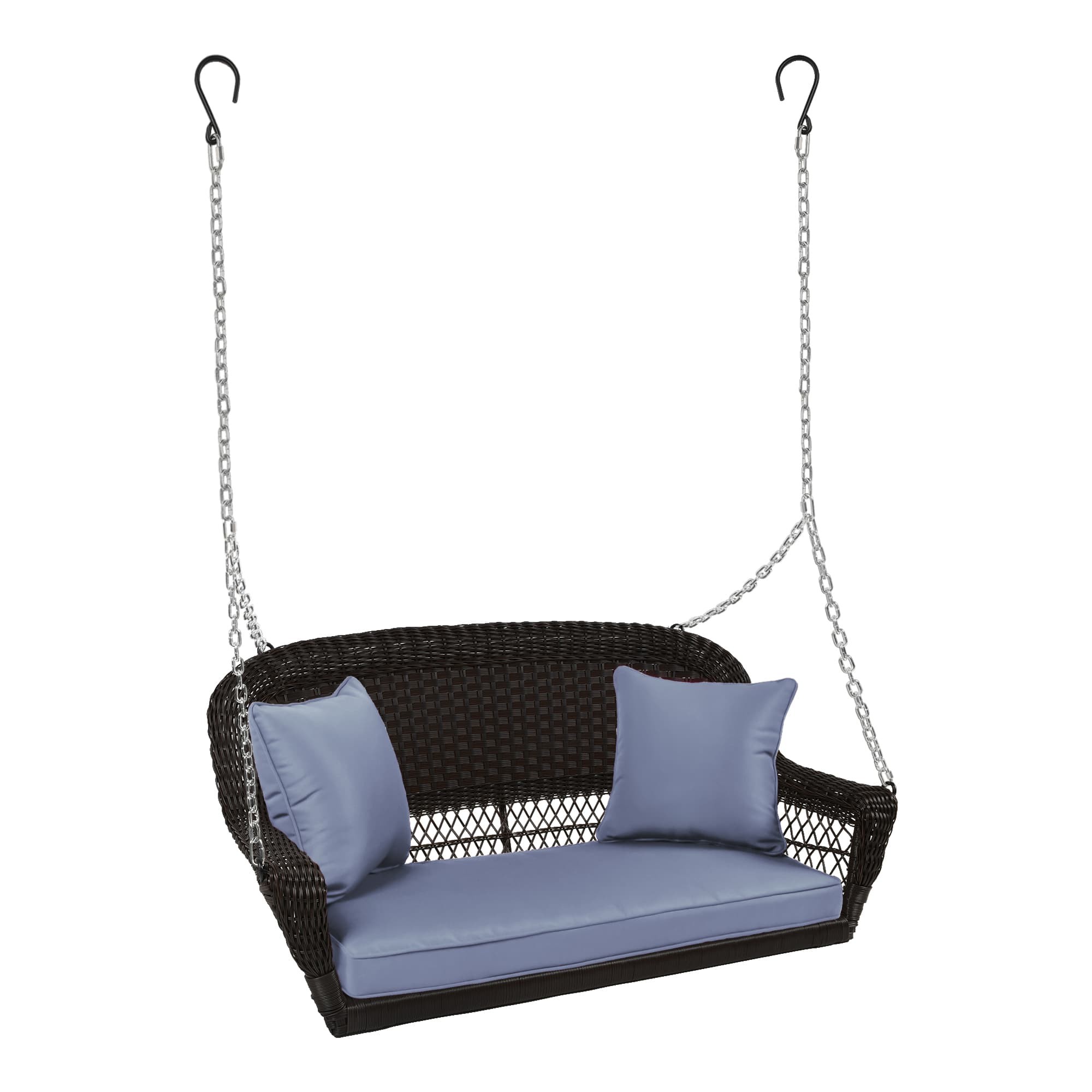 Espresso Resin Wicker Porch Swing with Steel Blue Cushion