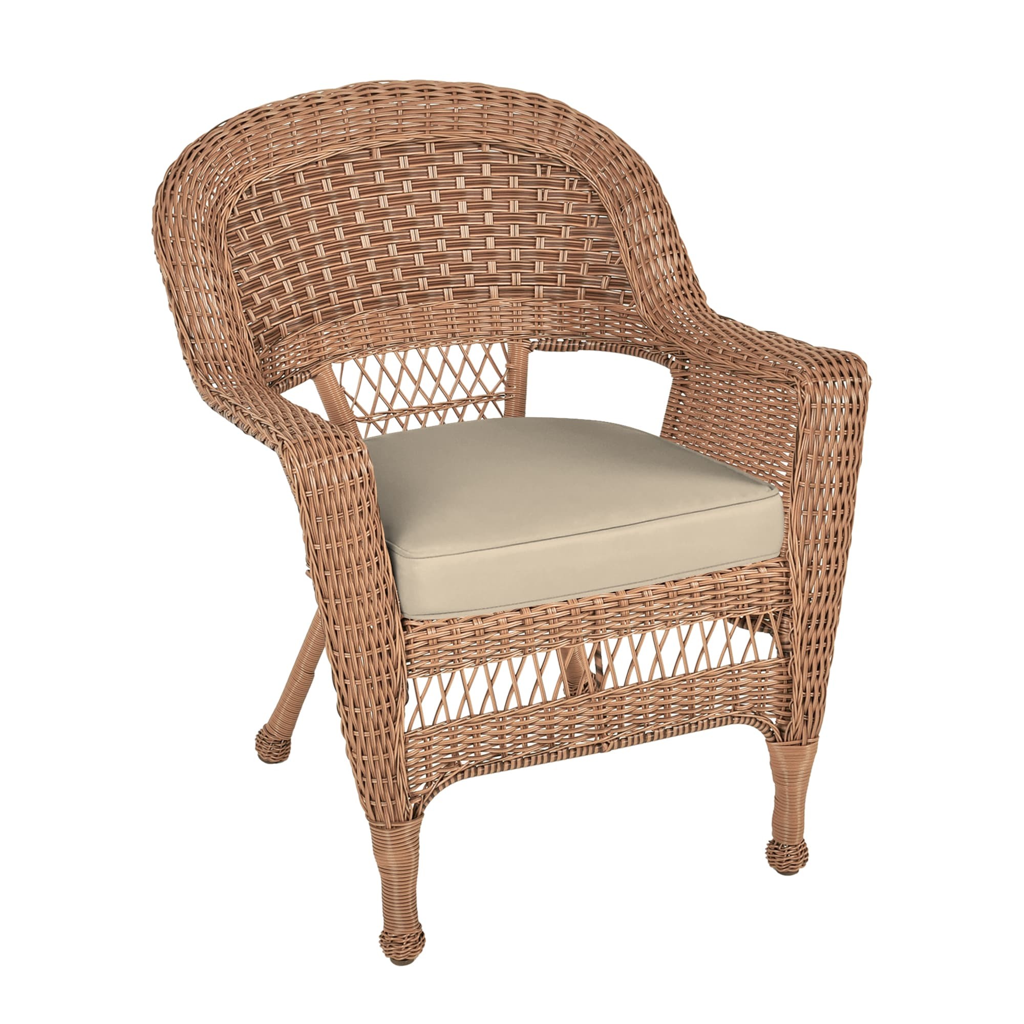 Honey Wicker Chair With Tan Cushion