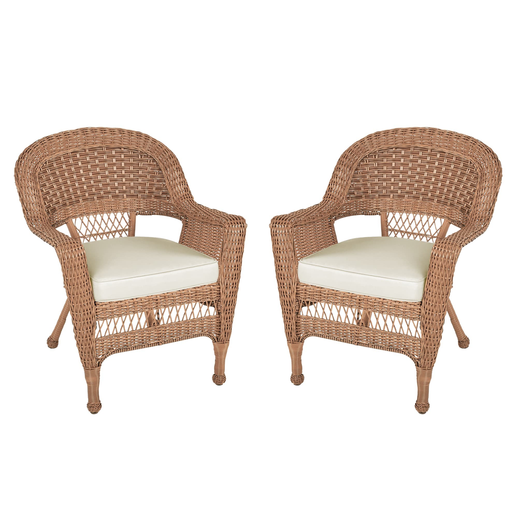 Honey Wicker Chair With Ivory Cushion - Set of  2