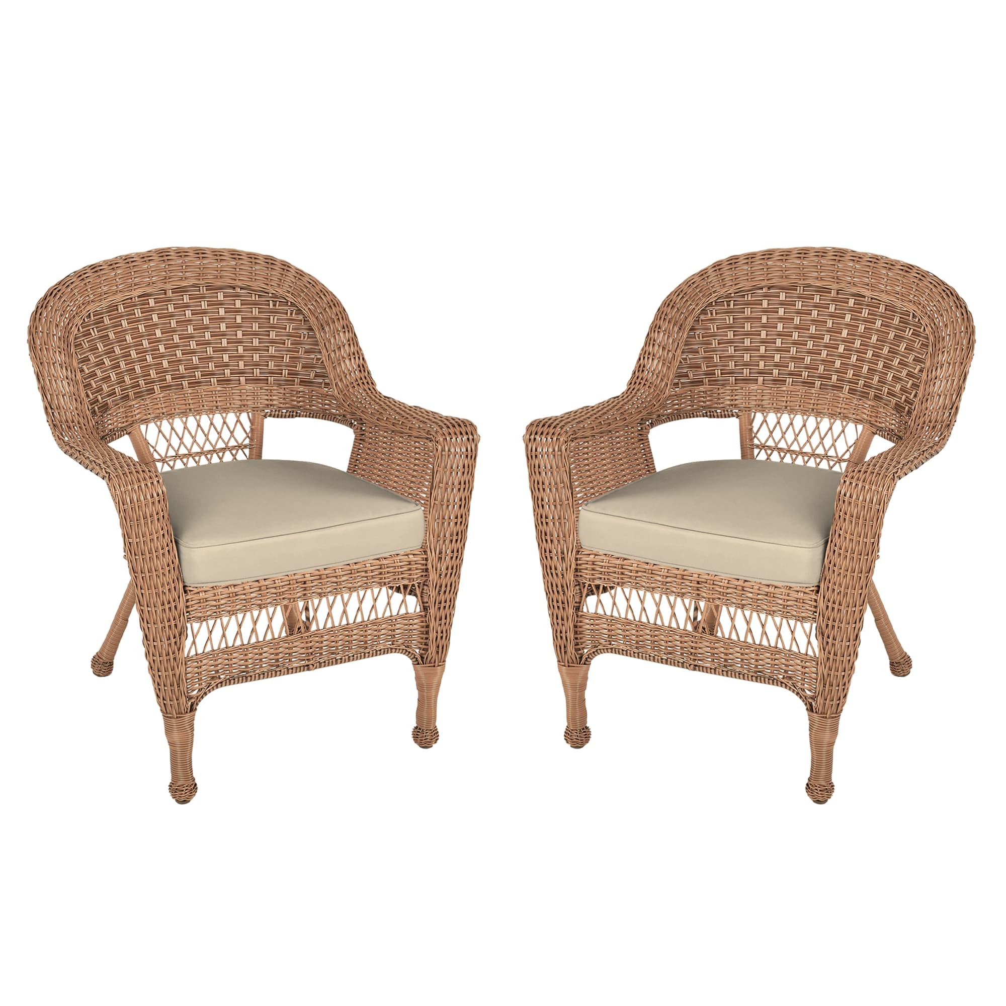 Honey Wicker Chair With Tan Cushion - Set of  2