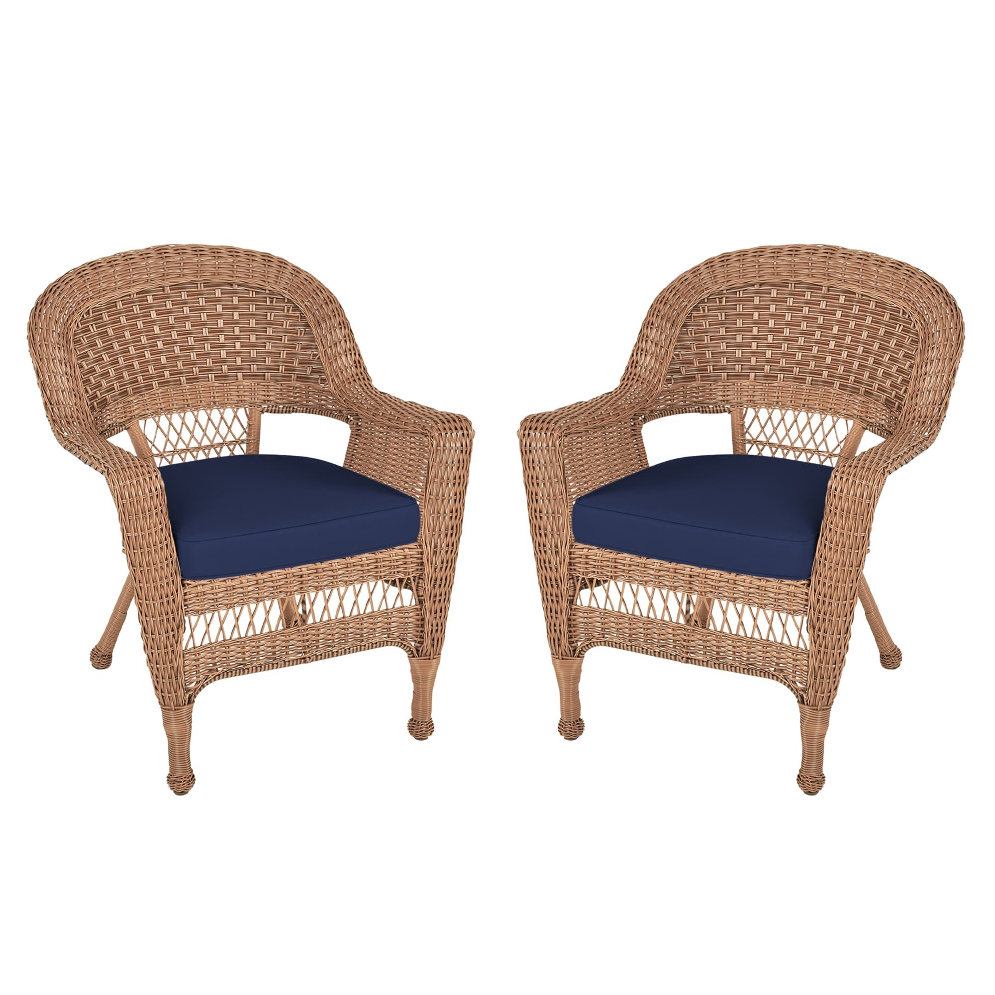 Honey Wicker Chair With Midnight Blue Cushion - Set of 2