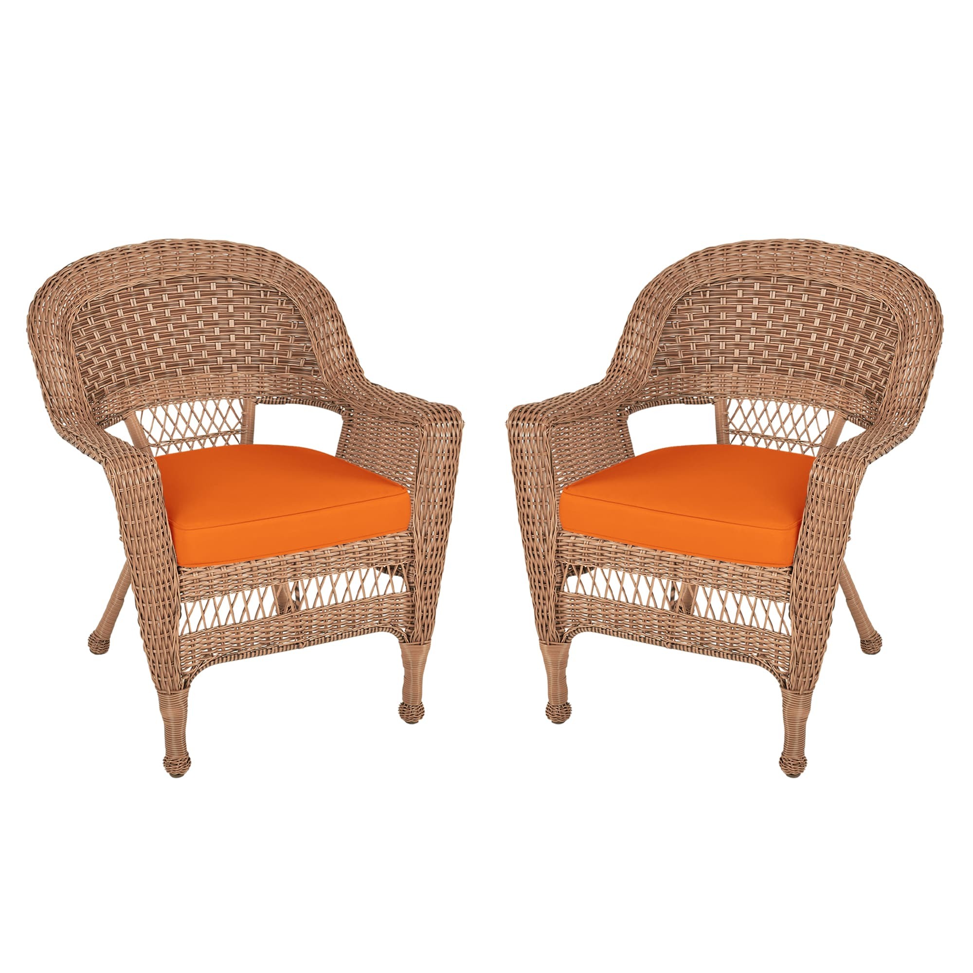 Honey Wicker Chair With Orange Cushion - Set of 2