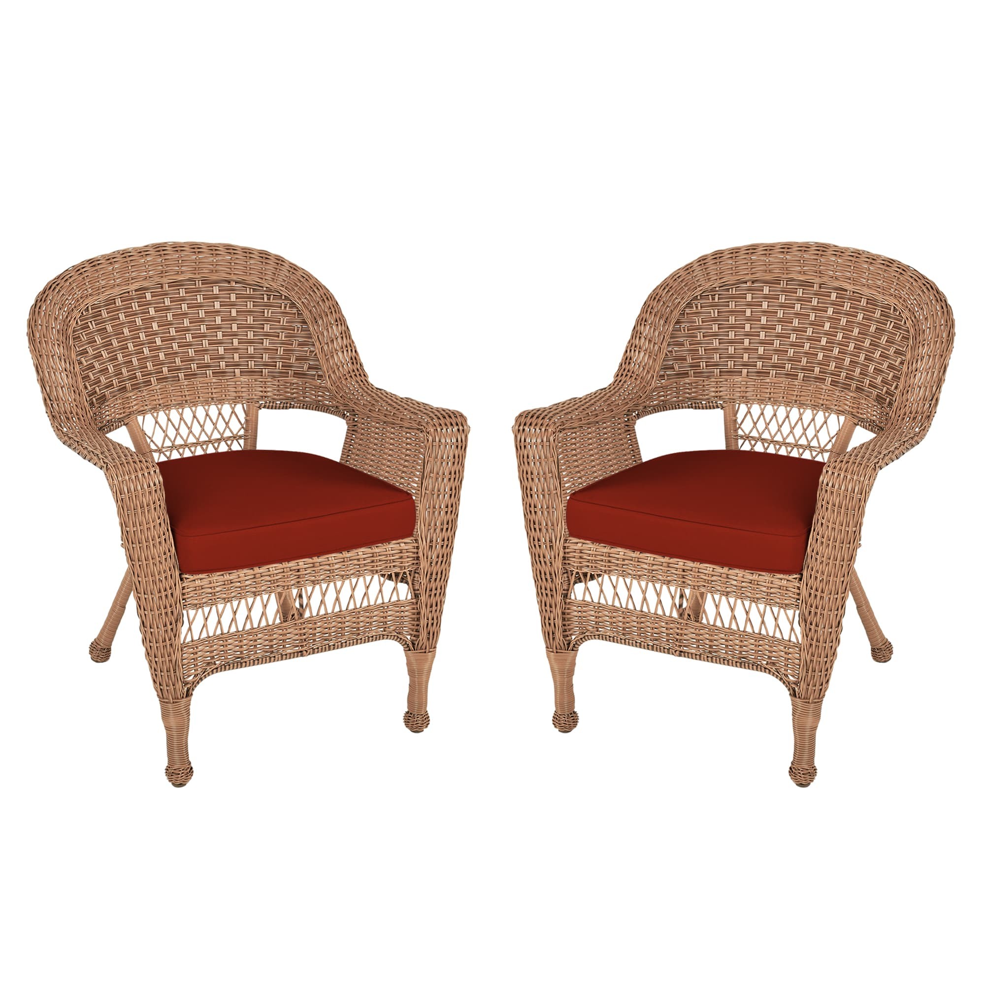 Honey Wicker Chair With Brick Red Cushion - Set of 2