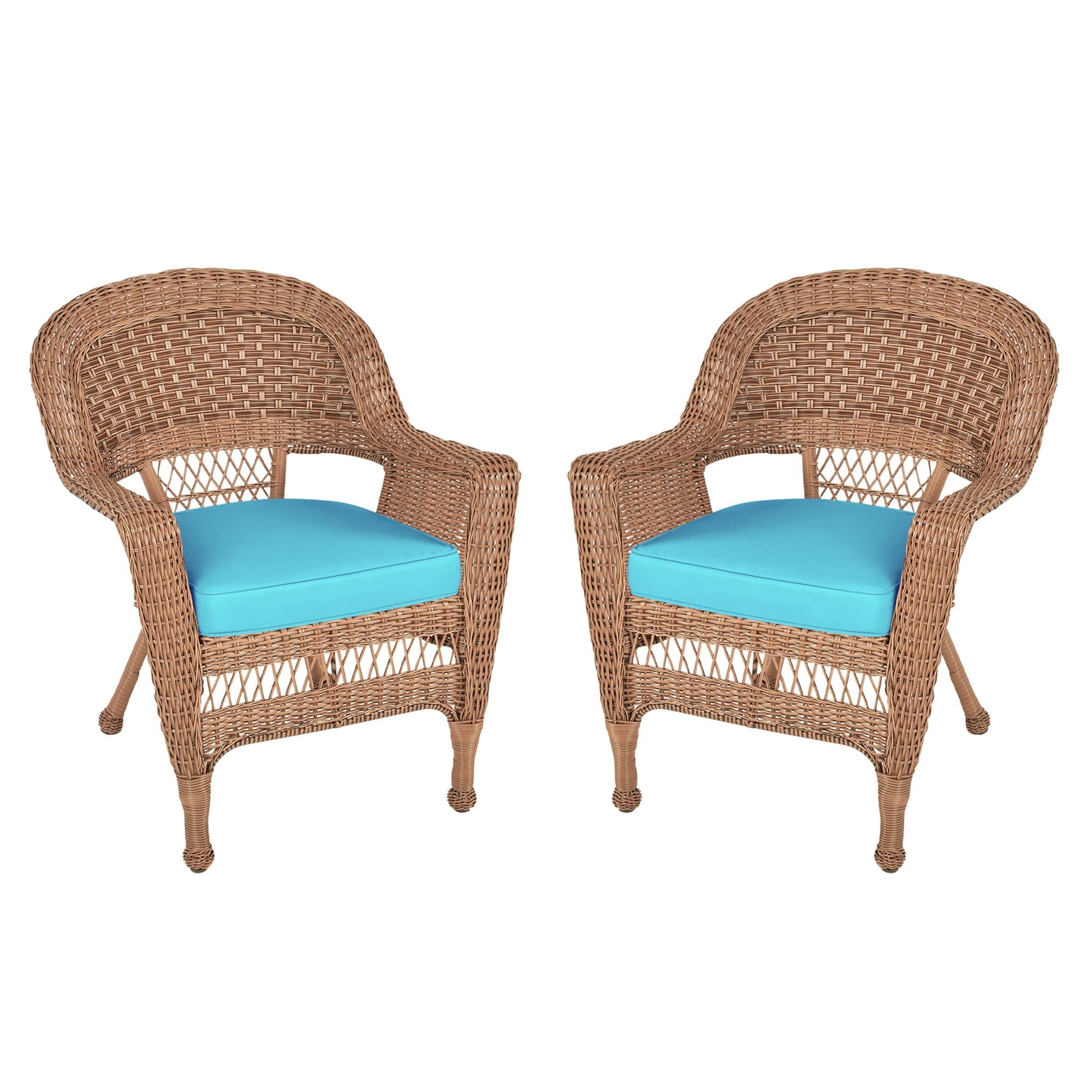 Honey Wicker Chair With Sky Blue Cushion - Set of  2