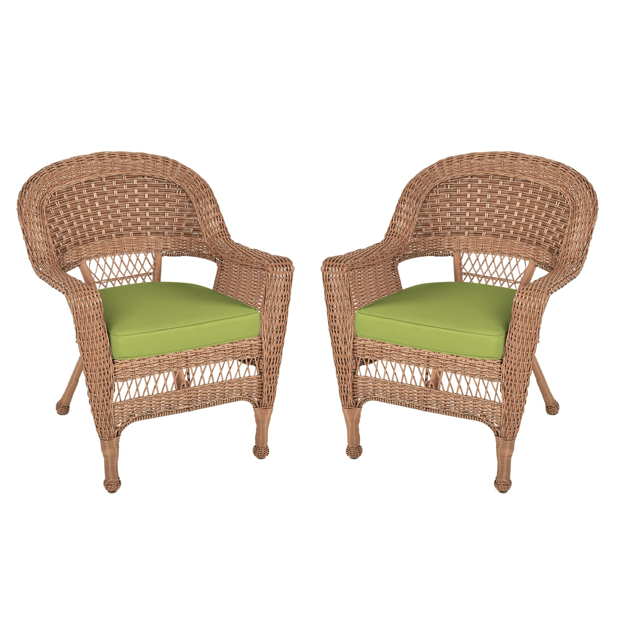 Honey Wicker Chair With Sage Green Cushion - Set of 2