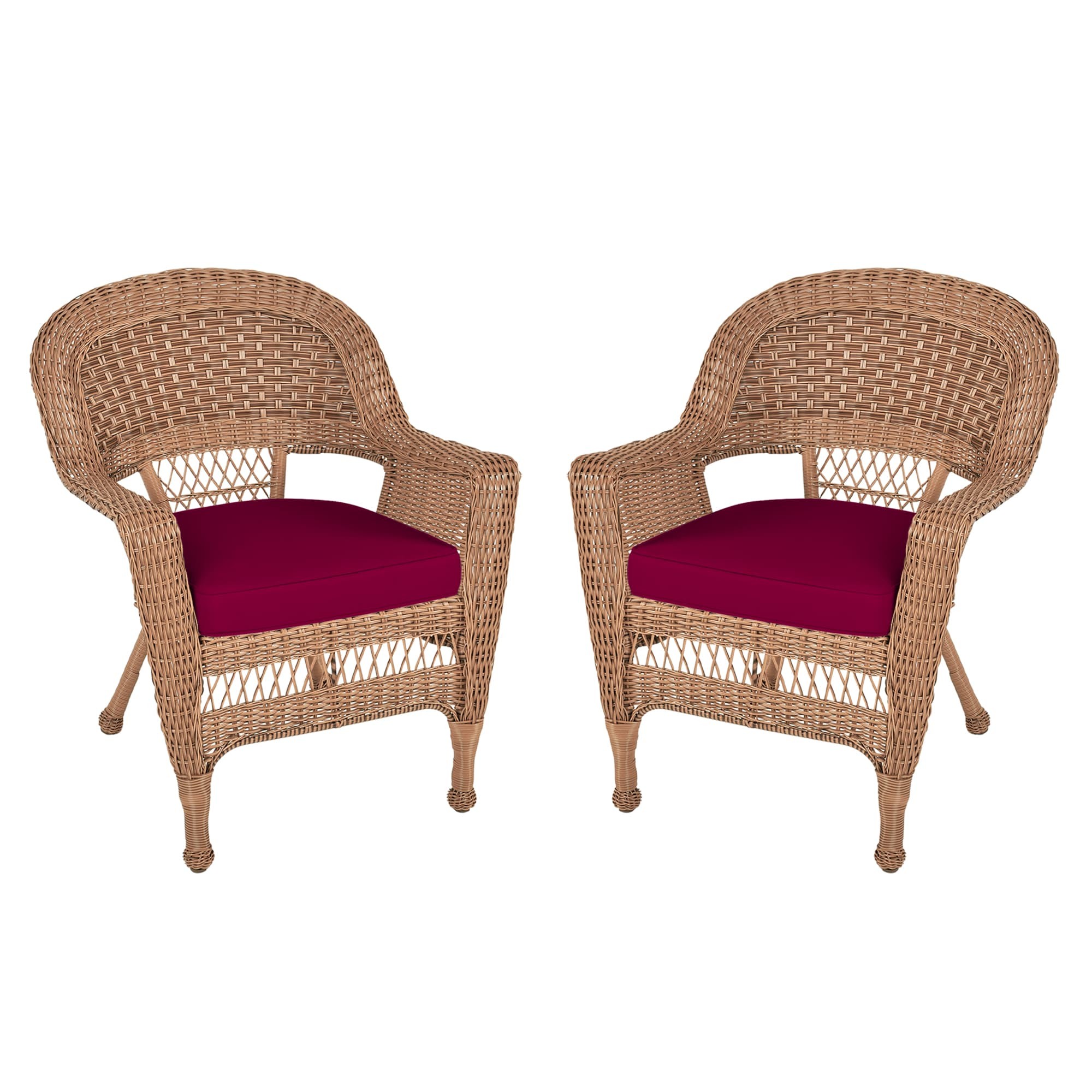 Honey Wicker Chair With Red Cushion - Set of  2