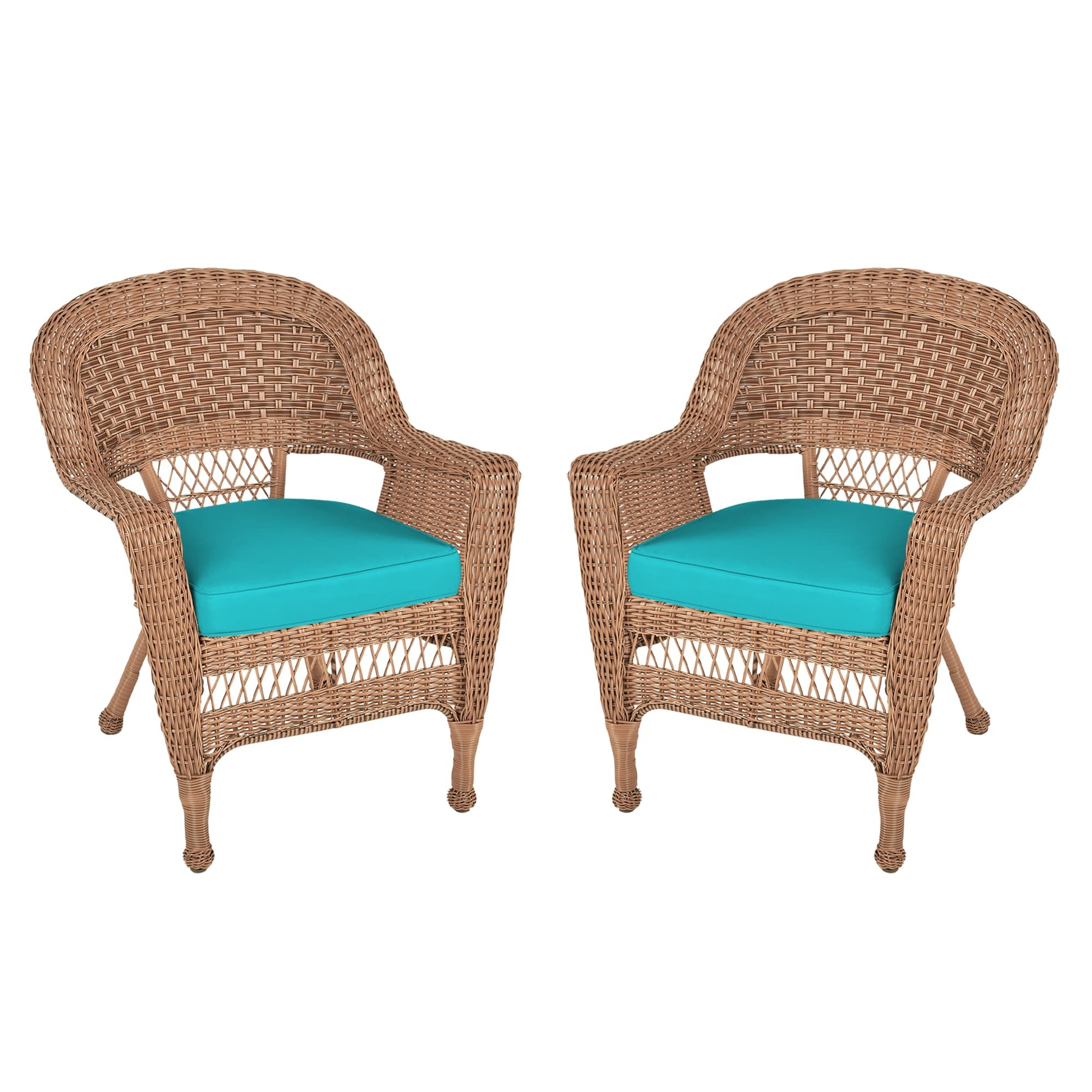 Honey Wicker Chair With Turquoise Cushion - Set of  2
