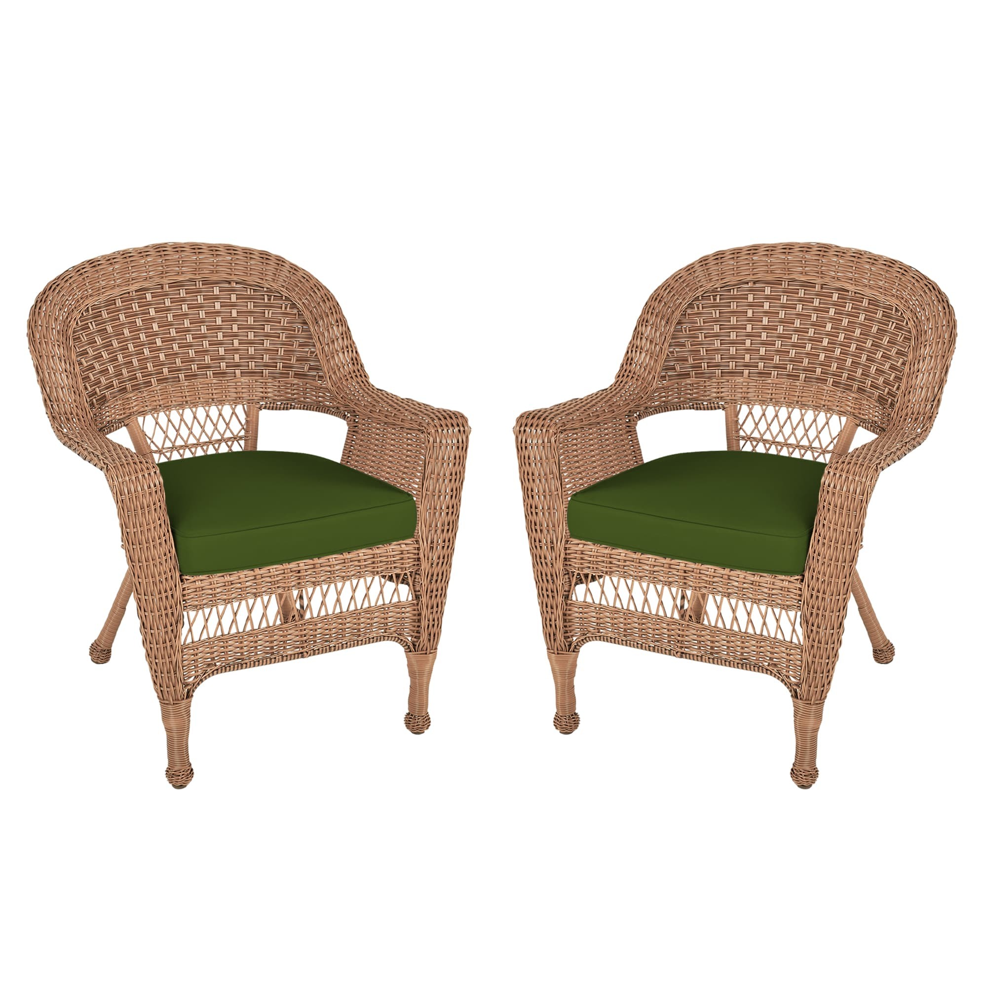 Honey Wicker Chair With Hunter Green Cushion - Set of  2